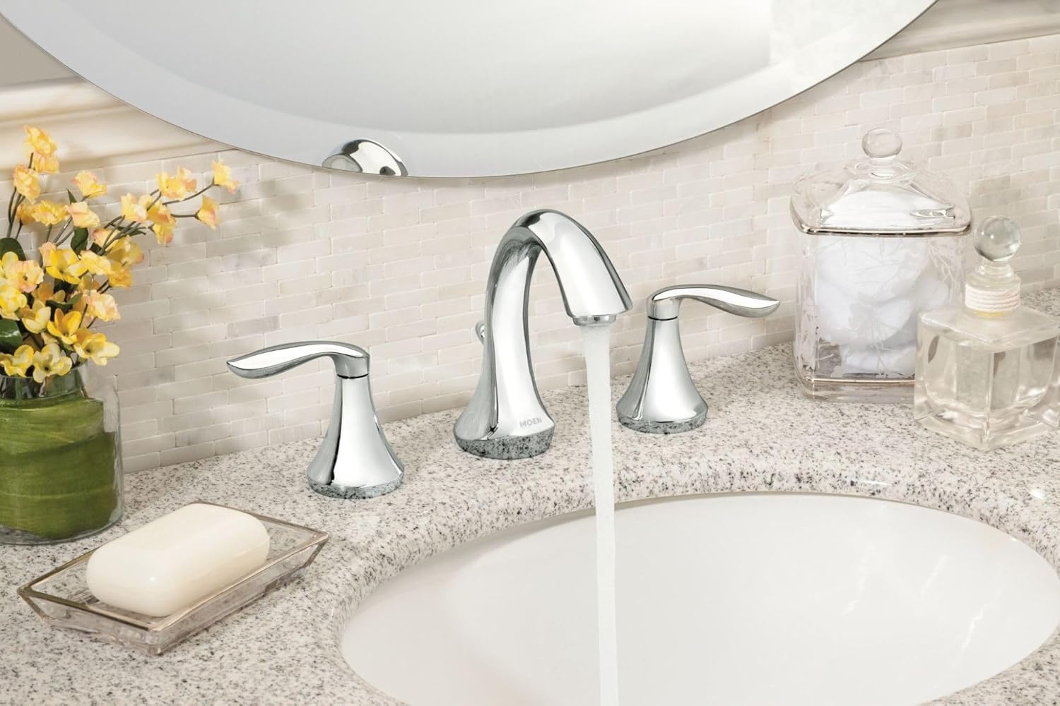 image:imageMoen Eva OilRubbed Bronze TwoHandle High Arc Widespread Bathroom Sink Faucet for 3Hole Setups with Valve Included TV6420ORBChrome