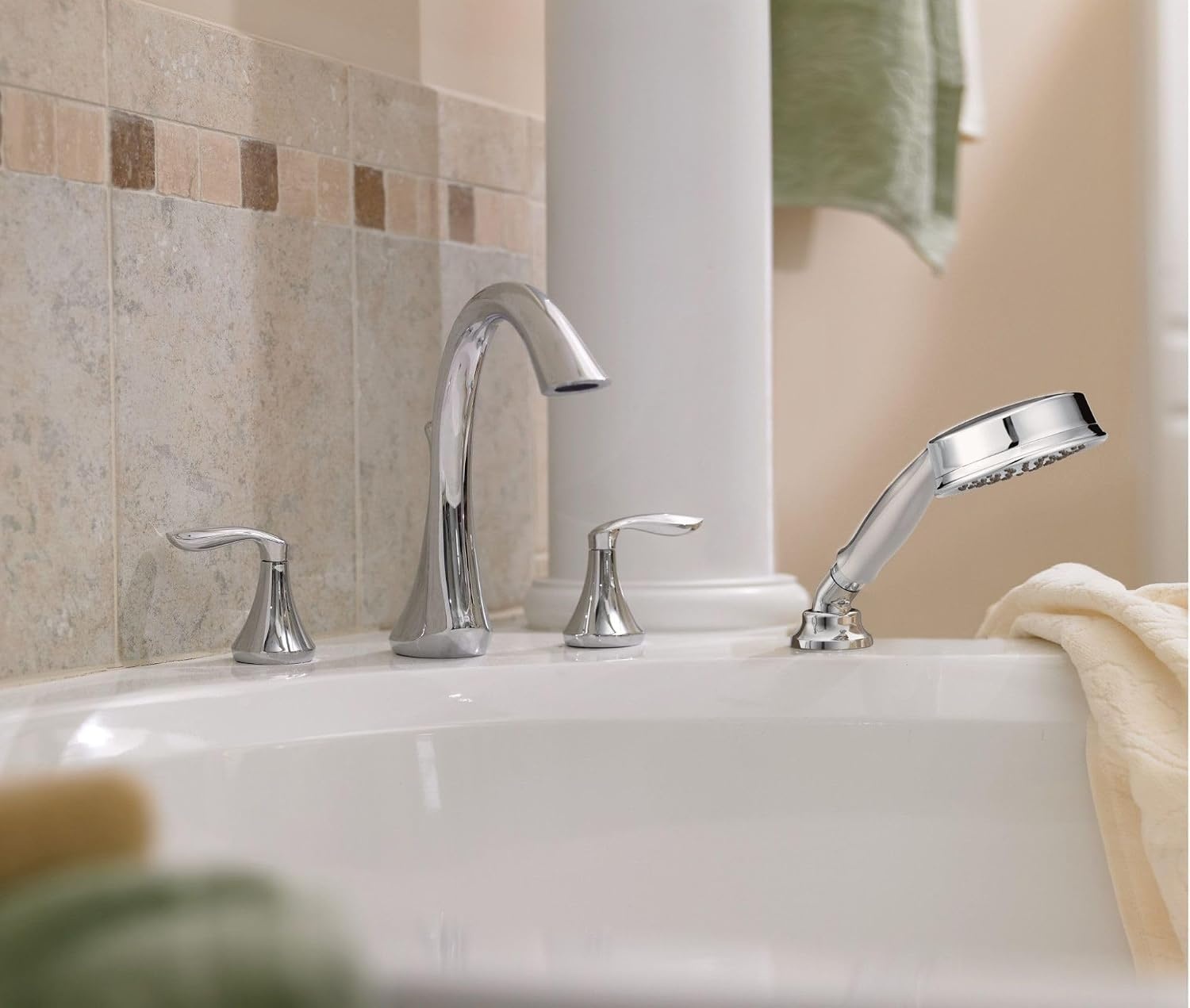 image:imageMoen Eva T943BN TwoHandle Roman Tub Faucet Trim Kit Brushed Nickel Finish Deck Mount 3Hole Installation Valve RequiredChrome