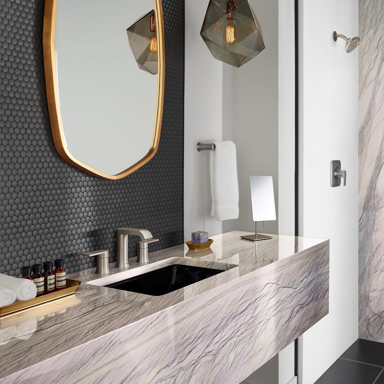 image:imageMoen Genta LX Brushed Nickel TwoHandle ThreeHole Widespread Modern Bathroom Sink Faucet with Drain Assembly Valve Required T6708BN with Drain Brushed NickelBrushed Nickel