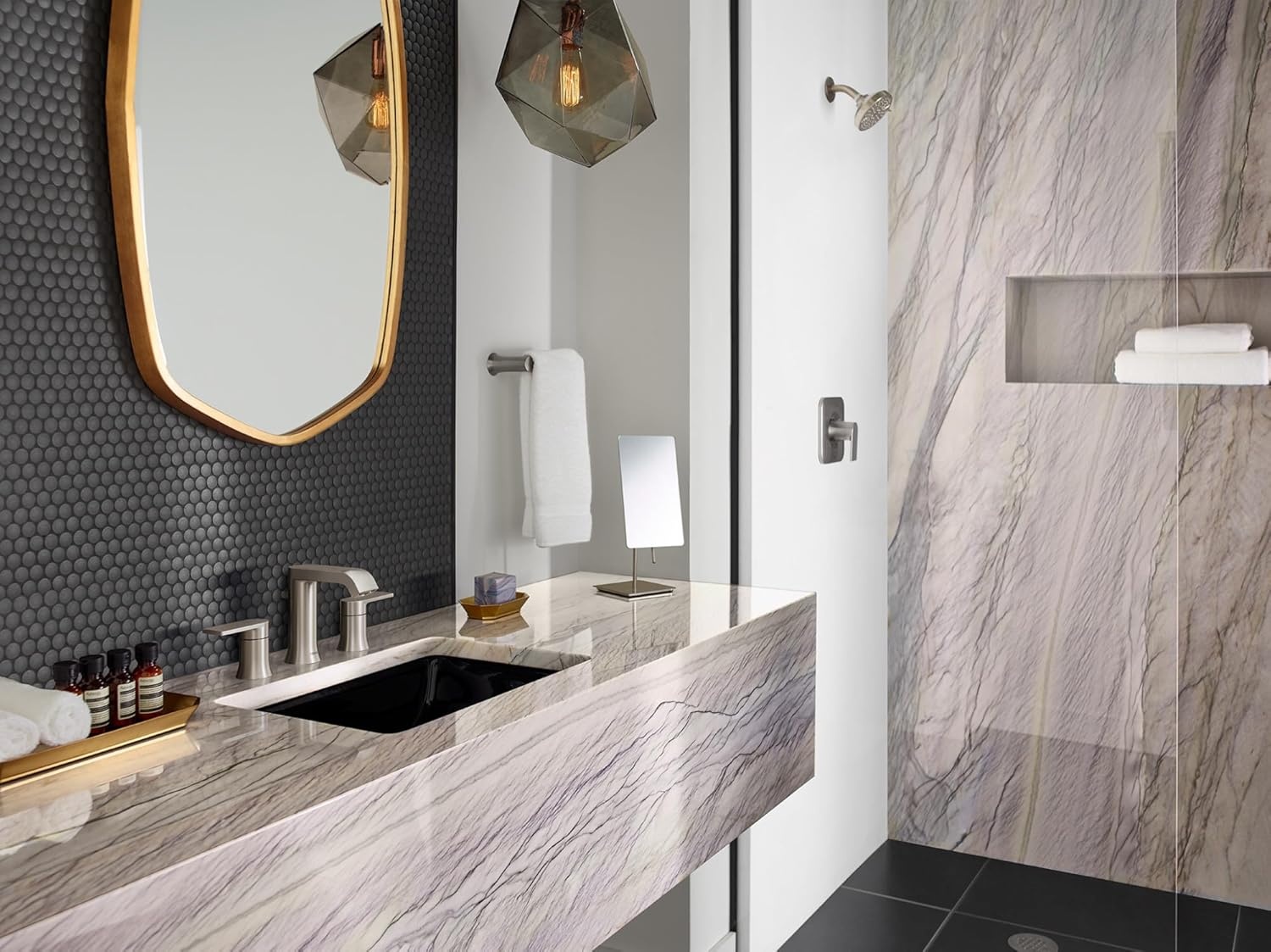 image:imageMoen Genta LX Pressure Balancing EcoPerformance Modern Shower Trim with Showerhead and Lever Handle PosiTemp Valve Required Matte Black T2472EPBLBrushed Nickel