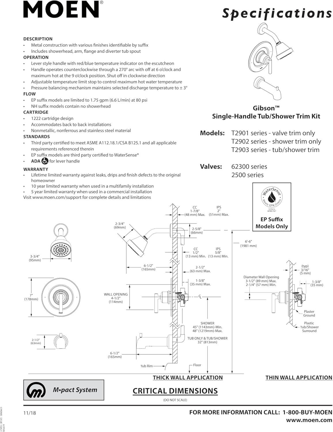 image:imageMoen Gibson Pressure Balancing Modern Shower Lever Handle PosiTemp Valve Required Matte Black T2901BLBrushed Nickel