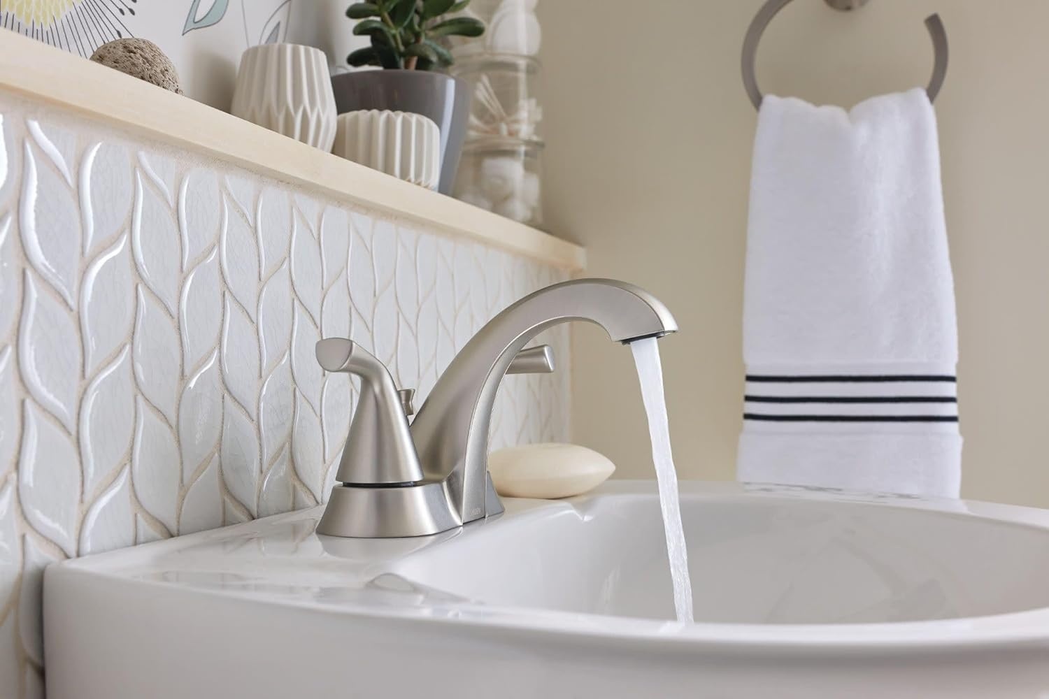 image:imageMoen Haber Spot Resist Brushed Nickel TwoHandle 4 Centerset Bathroom Faucet for 3Hole Sinks 84768SRNNo Size