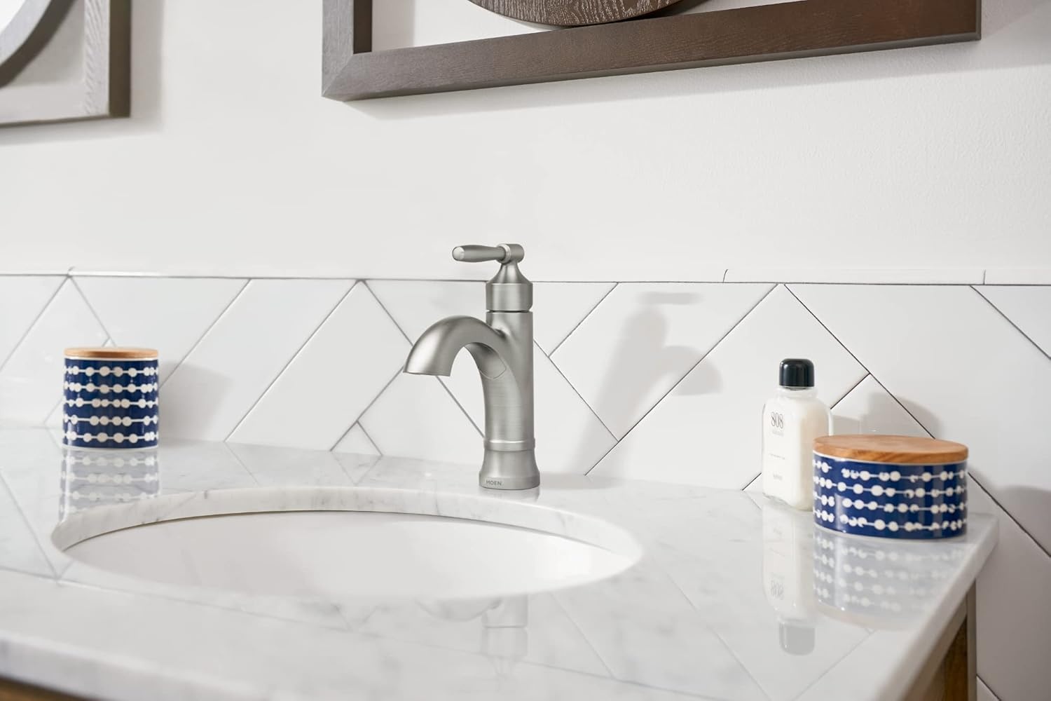 image:imageMoen Halle Spot Resist Brushed Nickel OneHandle Single Hole Bathroom Sink Faucet with Optional Deckplate 84970SRNSpot Resist Nickel