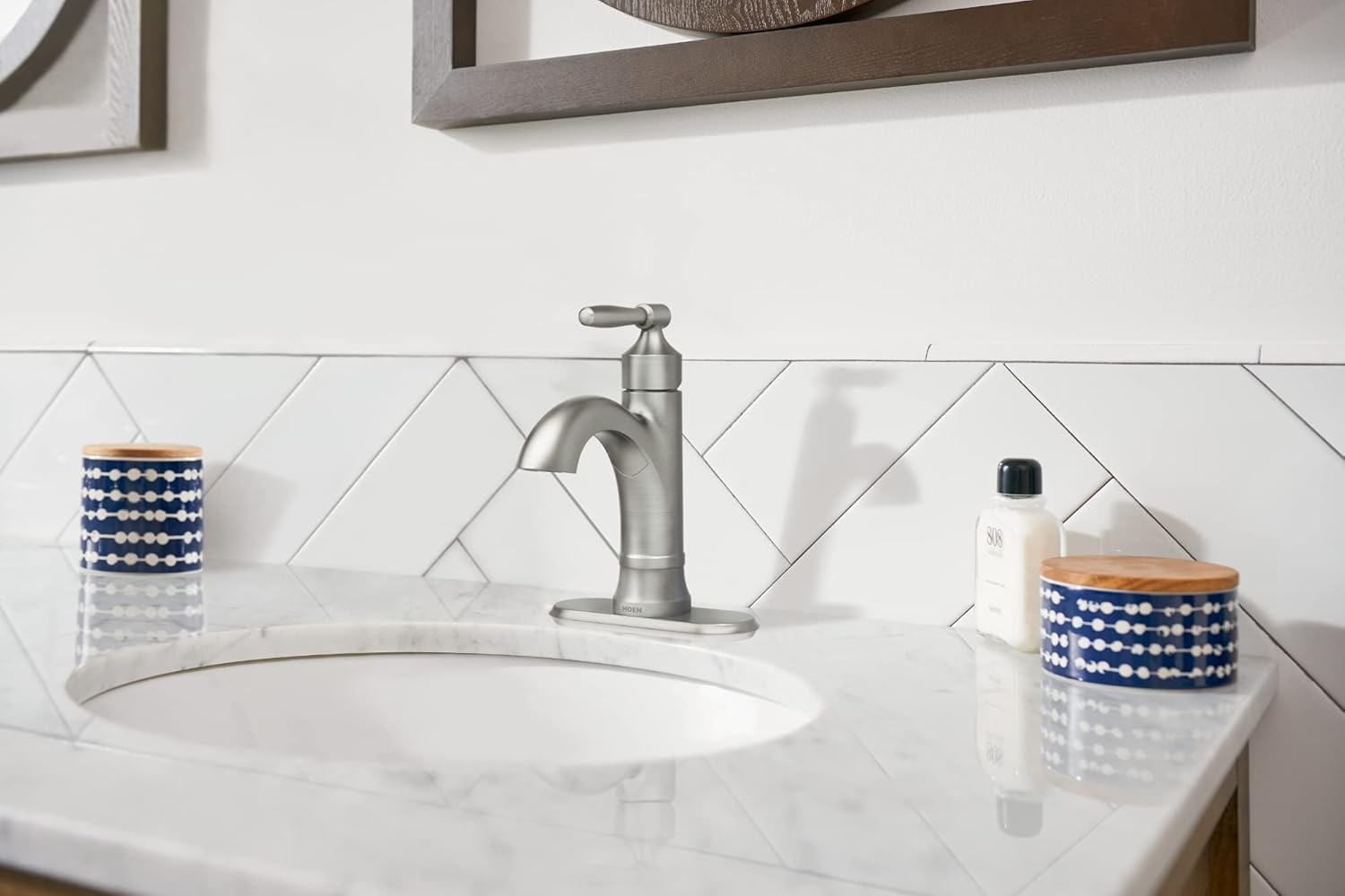 image:imageMoen Halle Spot Resist Brushed Nickel OneHandle Single Hole Bathroom Sink Faucet with Optional Deckplate 84970SRNSpot Resist Nickel
