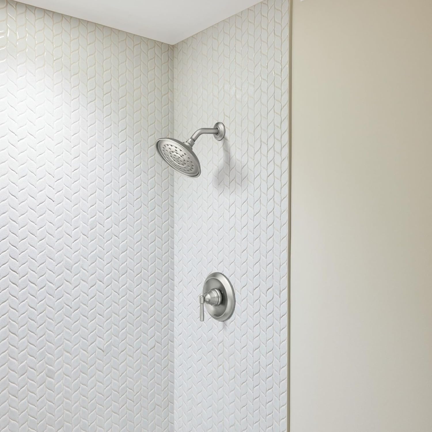image:imageMoen Halle Spot Resist Brushed Nickel Shower Faucet Trim Set featuring Wide Showerhead and Lever Handle with PosiTemp Valve Included 82971SRNShower and Handle
