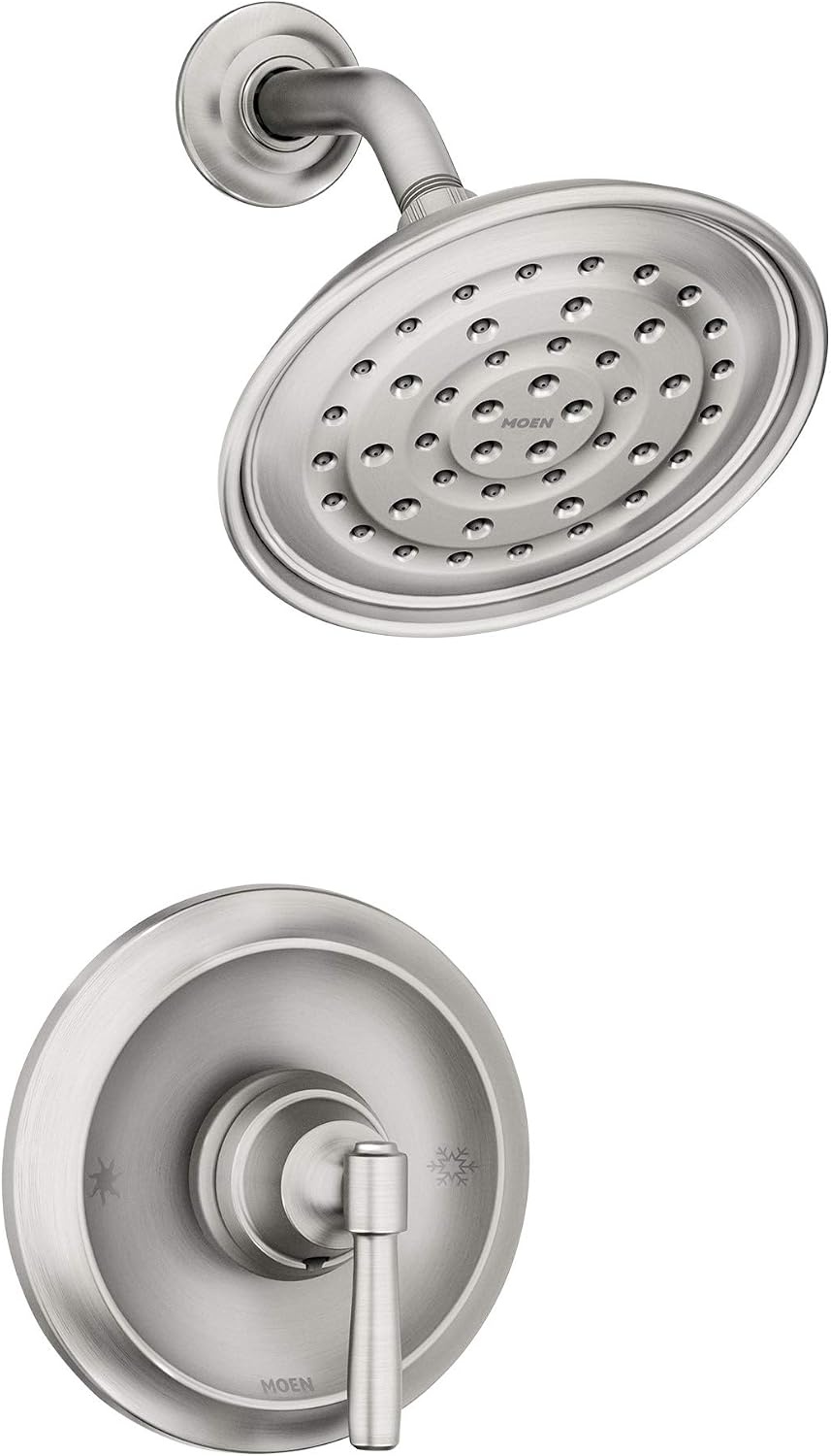 image:imageMoen Halle Spot Resist Brushed Nickel Shower Faucet Trim Set featuring Wide Showerhead and Lever Handle with PosiTemp Valve Included 82971SRNShower and Handle