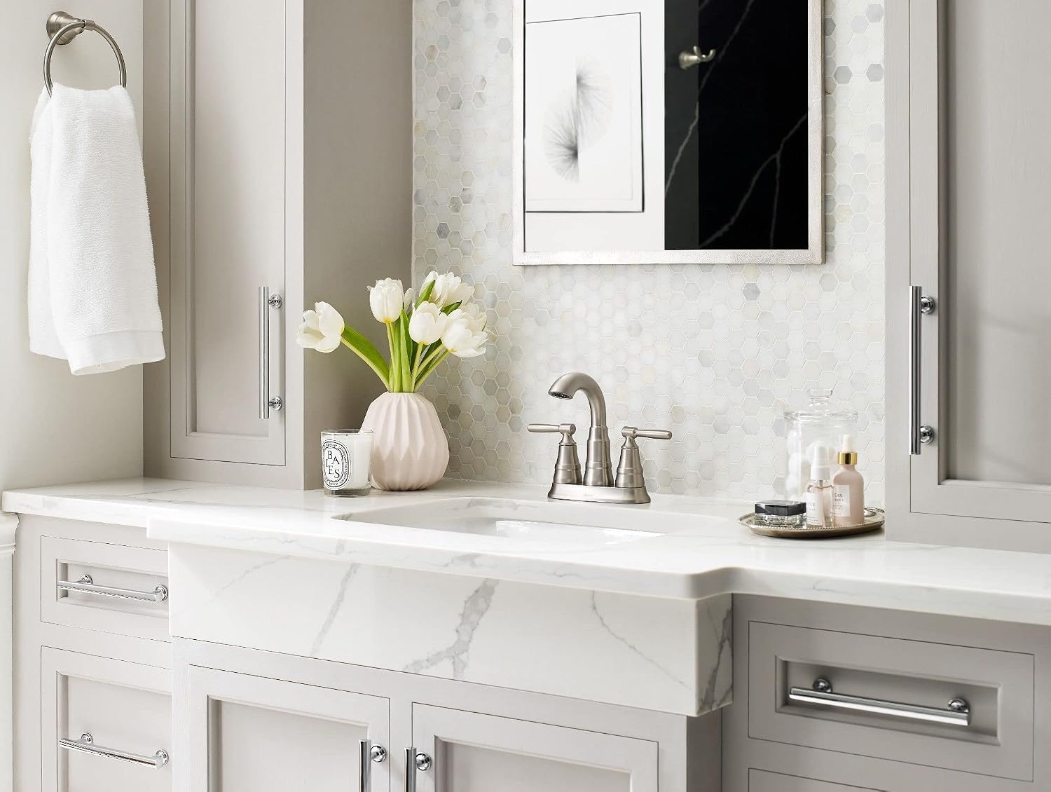 image:imageMoen Halle Spot Resist Brushed Nickel TwoHandle Centerset Bathroom Sink Faucet with Drain Assembly 84971SRNSpot Resist Nickel