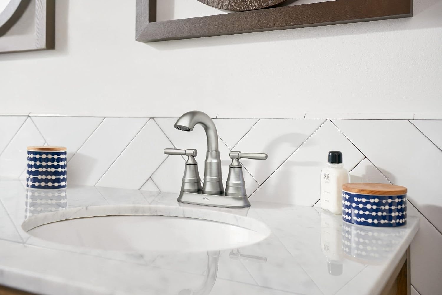 image:imageMoen Halle Spot Resist Brushed Nickel TwoHandle Centerset Bathroom Sink Faucet with Drain Assembly 84971SRNSpot Resist Nickel