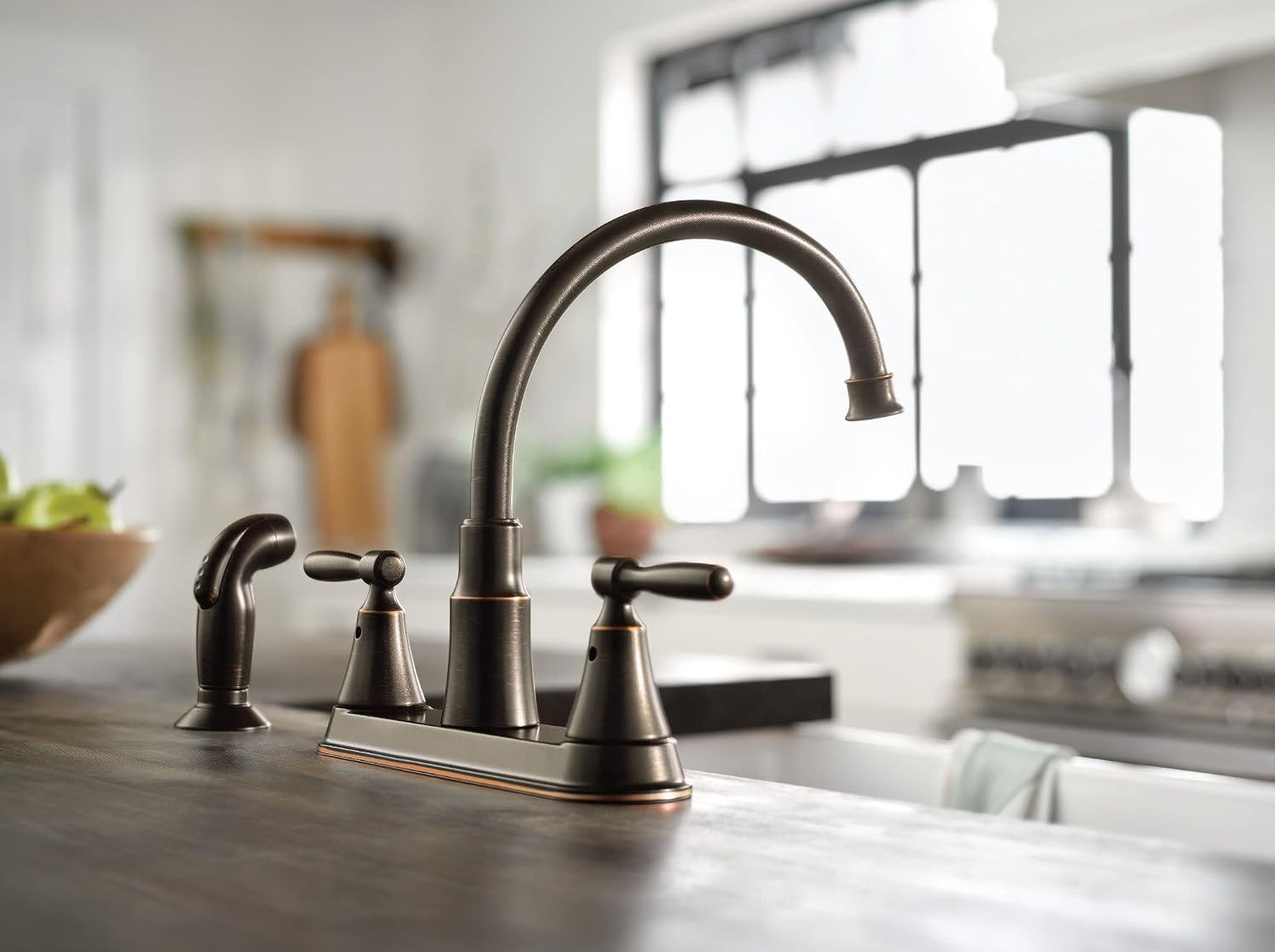 image:imageMoen Hutchinson Mediterranean Bronze 2Handle HighArc Kitchen Faucet with Side Sprayer 87048BRB