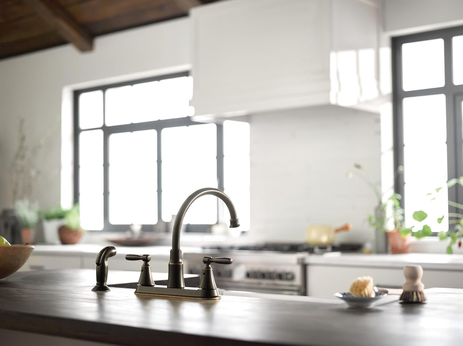 image:imageMoen Hutchinson Mediterranean Bronze 2Handle HighArc Kitchen Faucet with Side Sprayer 87048BRB