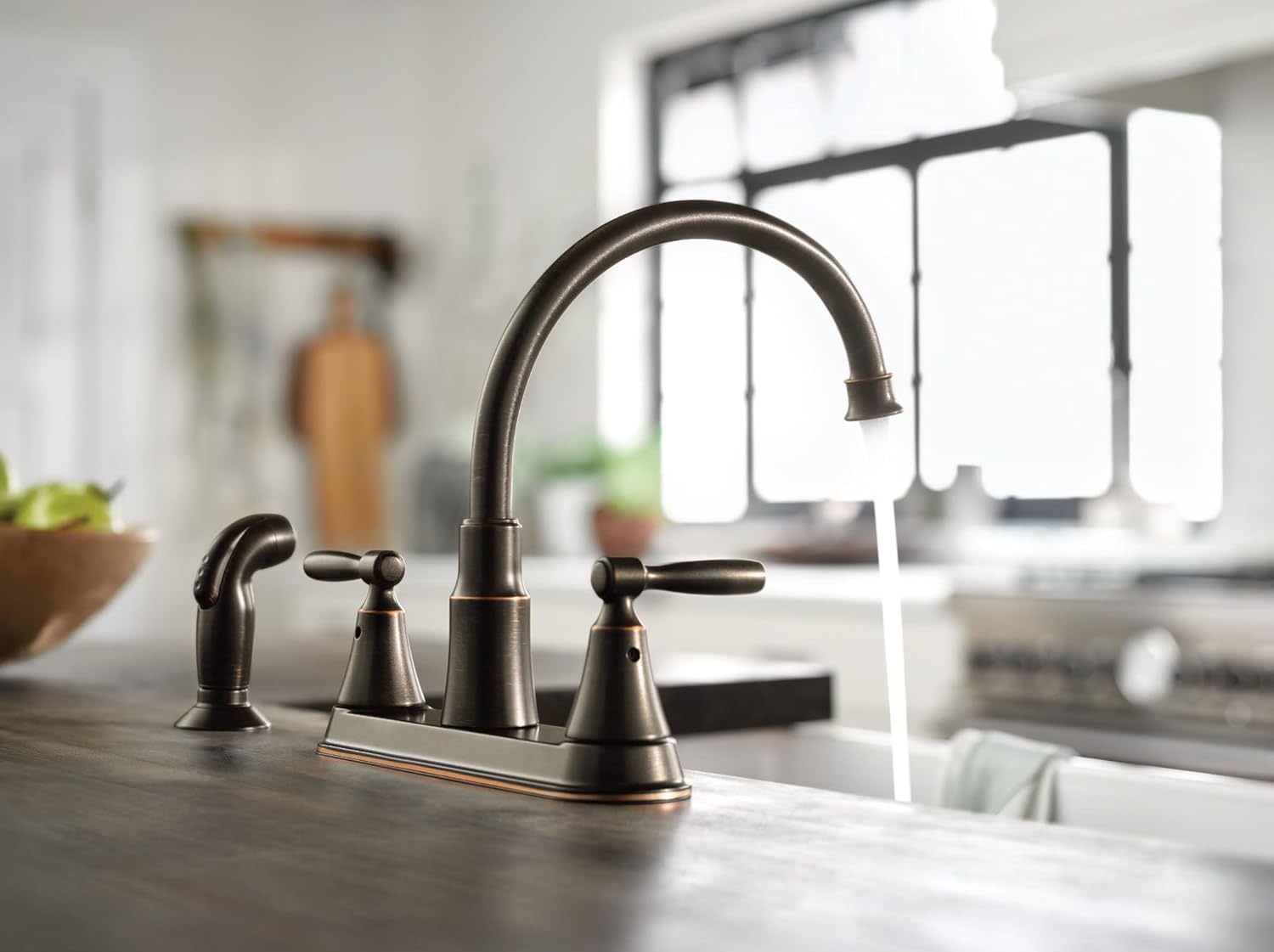 image:imageMoen Hutchinson Mediterranean Bronze 2Handle HighArc Kitchen Faucet with Side Sprayer 87048BRB
