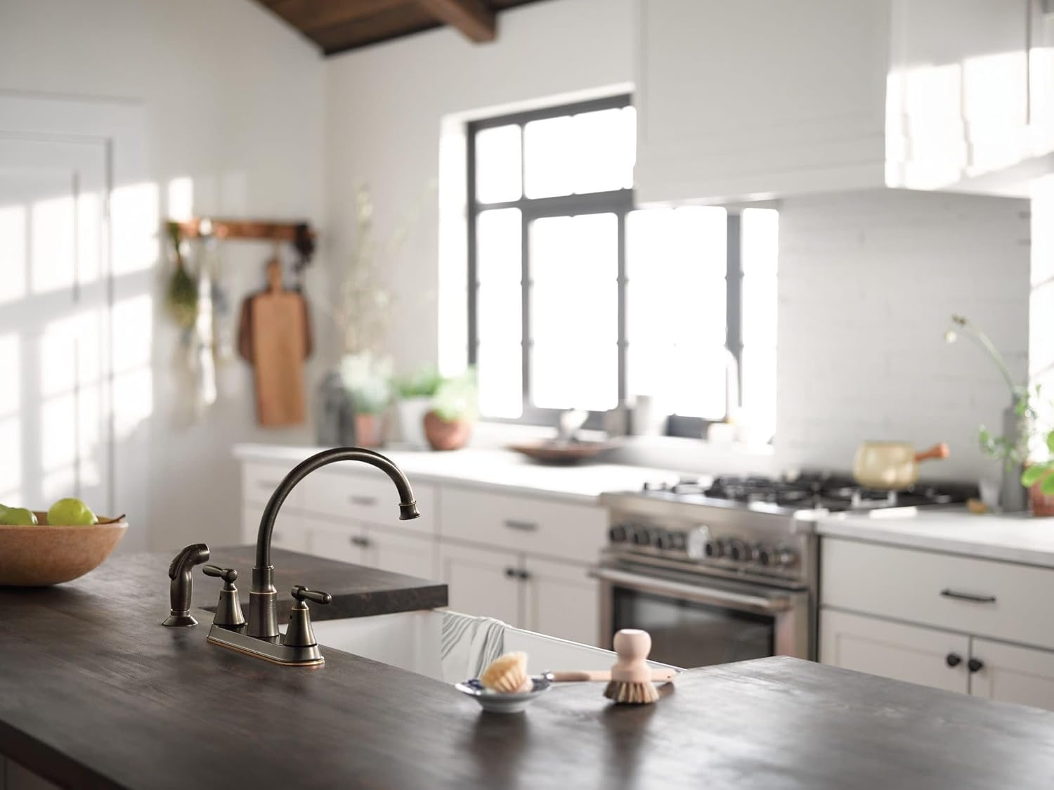 image:imageMoen Hutchinson Mediterranean Bronze 2Handle HighArc Kitchen Faucet with Side Sprayer 87048BRB