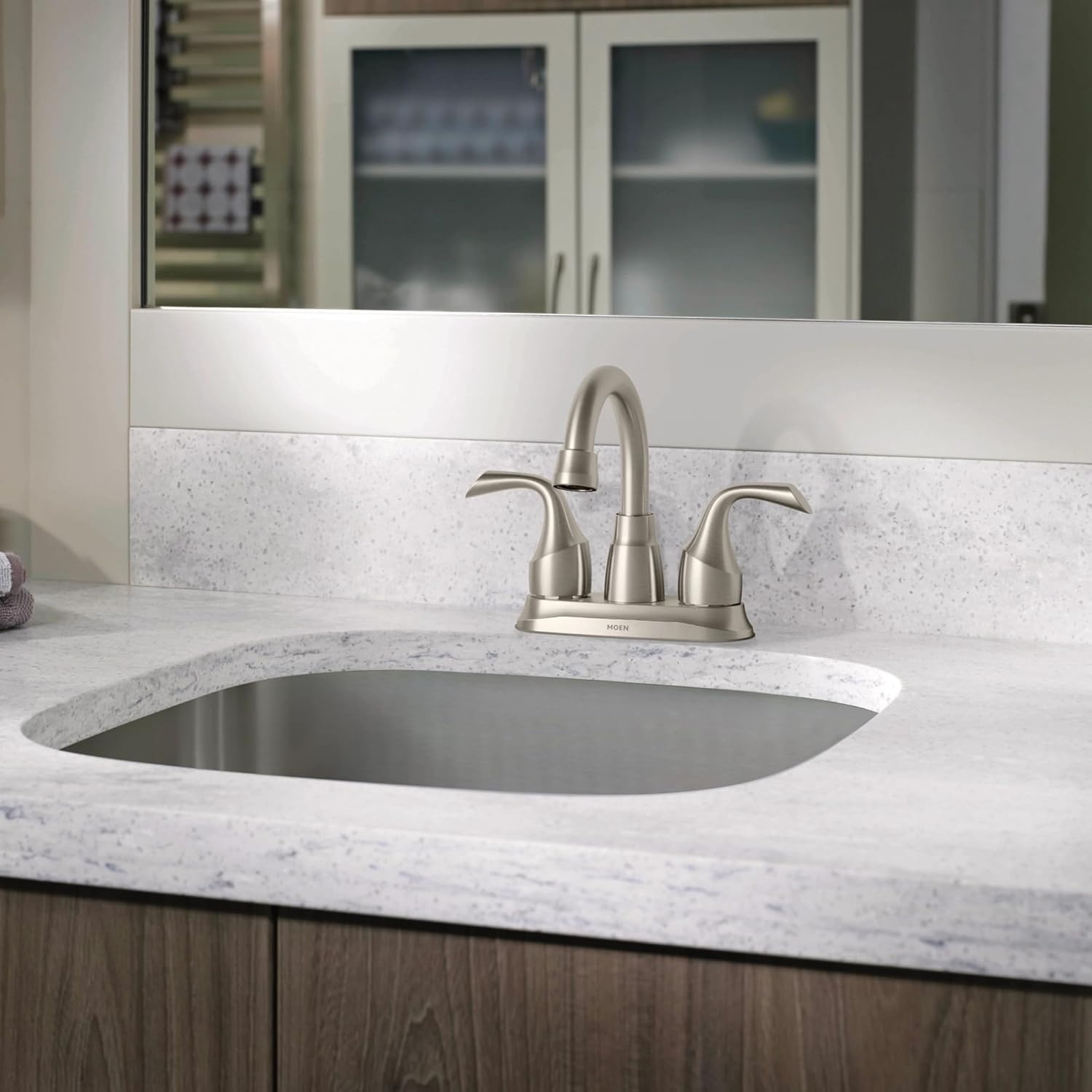 image:imageMoen Idora Chrome TwoHandle Centerset Bathroom Sink Faucet with Drain Assembly 84115Brushed Nickel