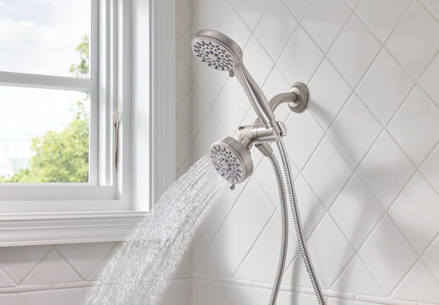 image:imageMoen Ignite Brushed Nickel FiveFunction 334 Diameter 5Function Shower Spray Head with Handheld Showerhead 20016SRNPack of 1