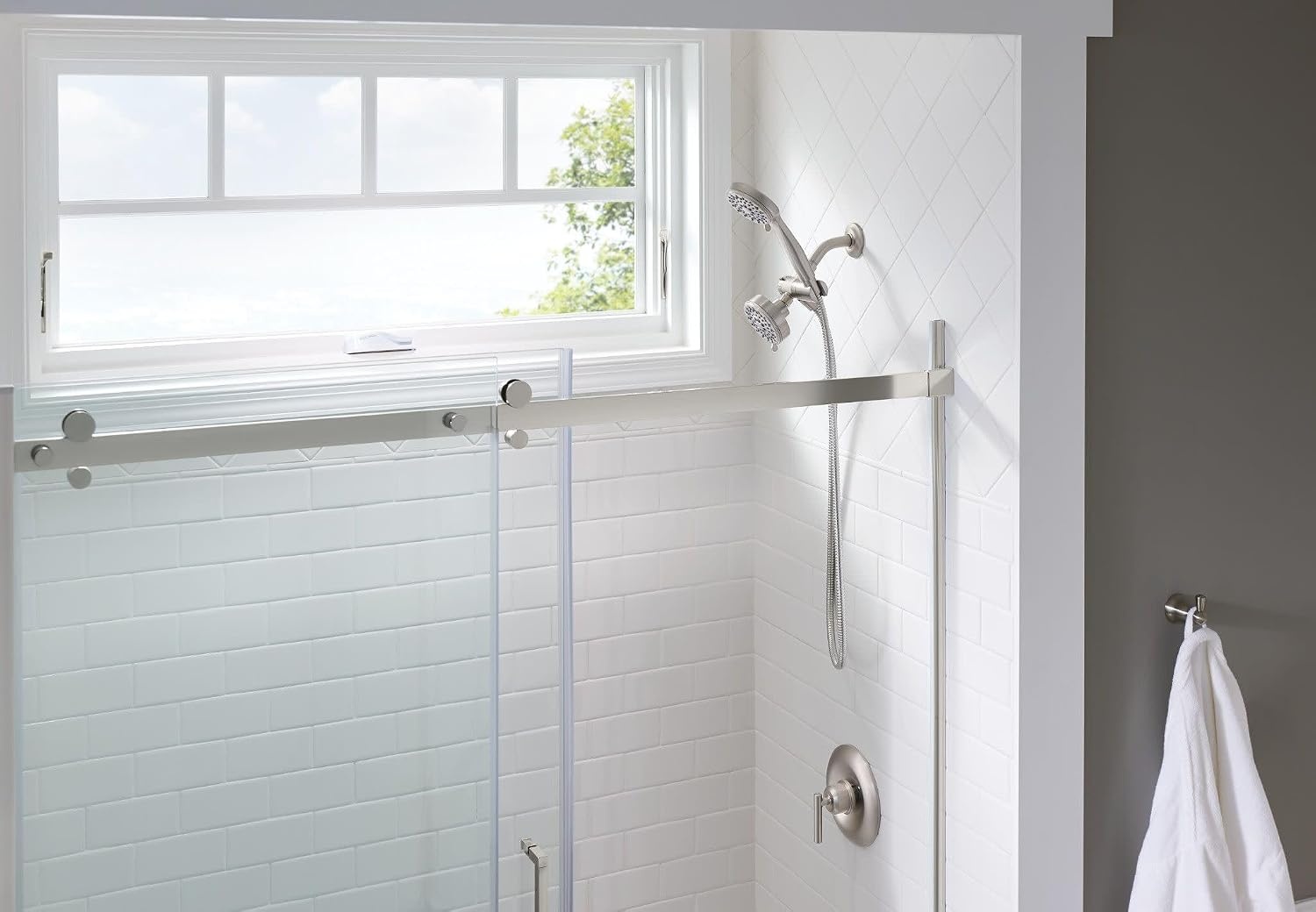 image:imageMoen Ignite Brushed Nickel FiveFunction 334 Diameter 5Function Shower Spray Head with Handheld Showerhead 20016SRNPack of 1