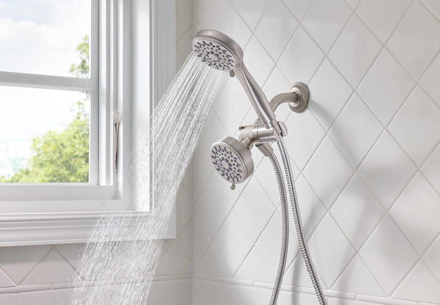 image:imageMoen Ignite Brushed Nickel FiveFunction 334 Diameter 5Function Shower Spray Head with Handheld Showerhead 20016SRNPack of 2