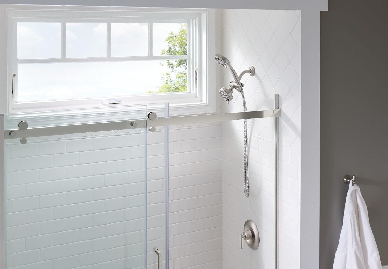 image:imageMoen Ignite Brushed Nickel FiveFunction 334 Diameter 5Function Shower Spray Head with Handheld Showerhead 20016SRNPack of 2