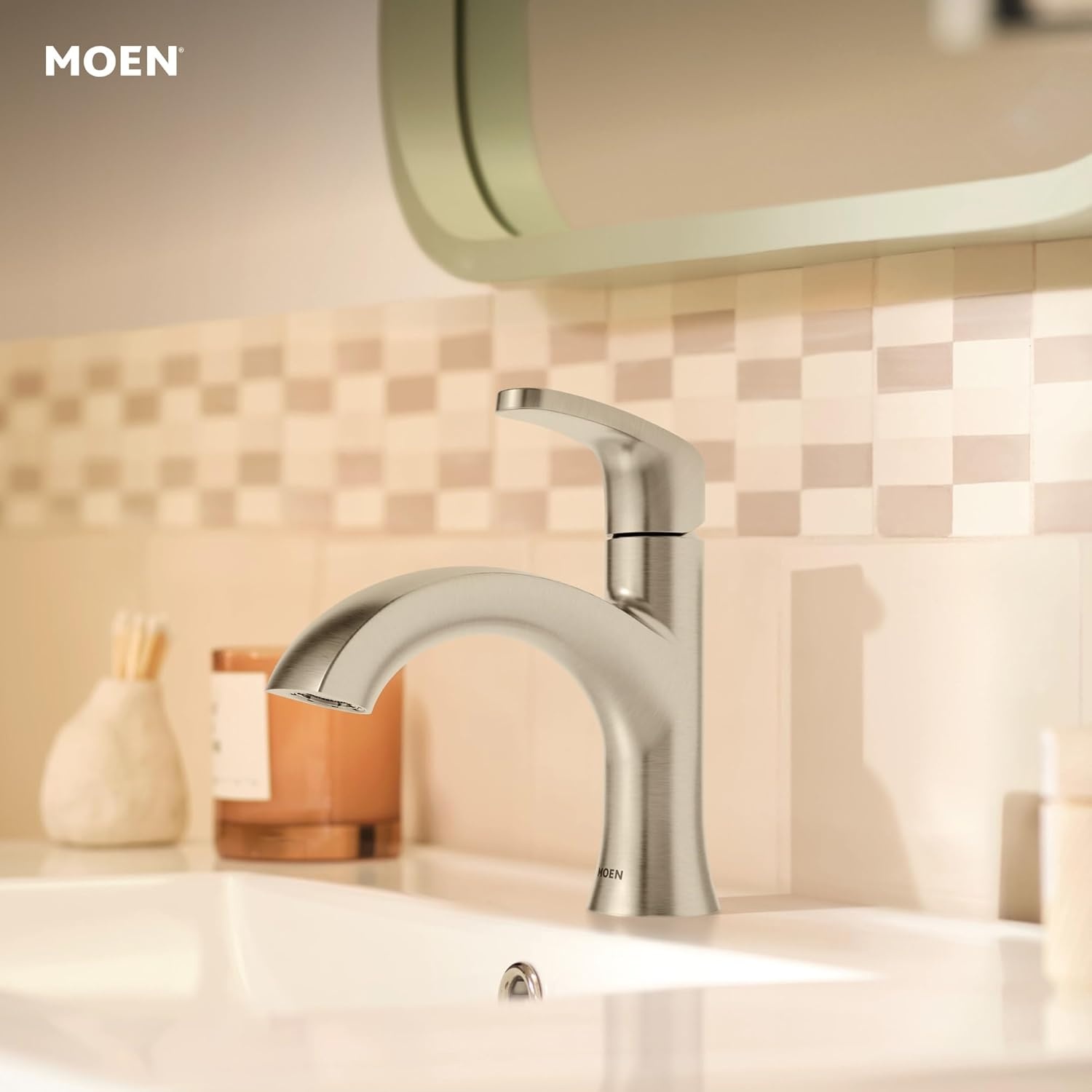 image:imageMoen Karis Spot Resist Brushed Nickel OneHandle Single Hole Bathroom Sink Faucet with Optional Deck Plate 84346SRNBrushed Nickel