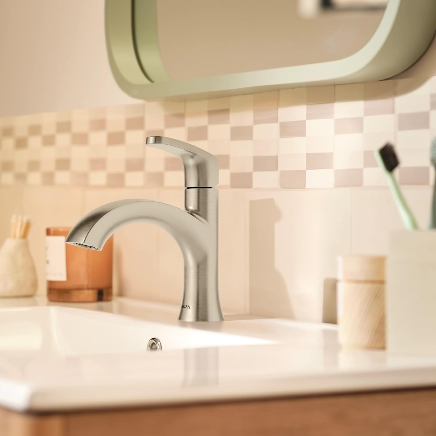 image:imageMoen Karis Spot Resist Brushed Nickel OneHandle Single Hole Bathroom Sink Faucet with Optional Deck Plate 84346SRNBrushed Nickel