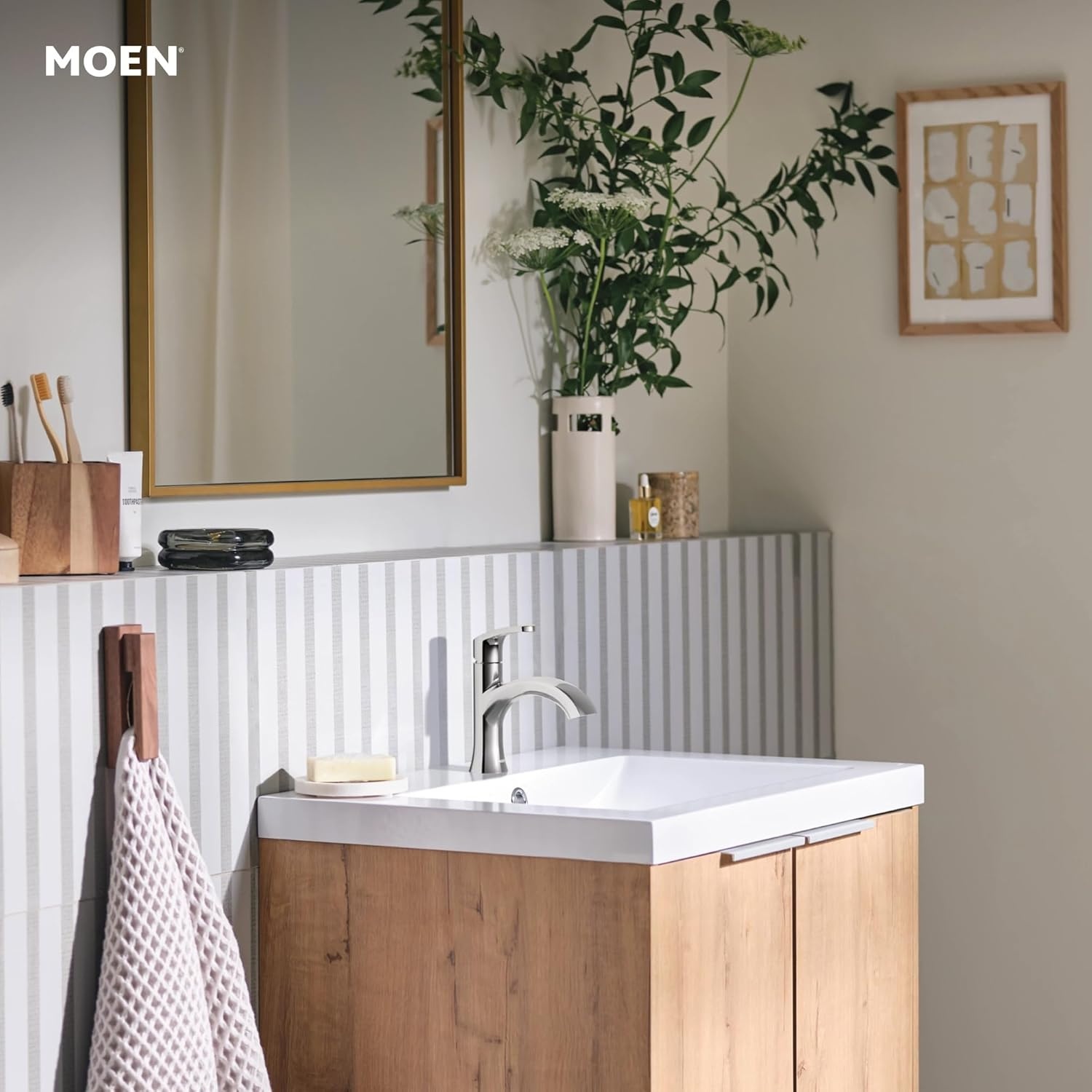 image:imageMoen Karis Spot Resist Brushed Nickel OneHandle Single Hole Bathroom Sink Faucet with Optional Deck Plate 84346SRNChrome