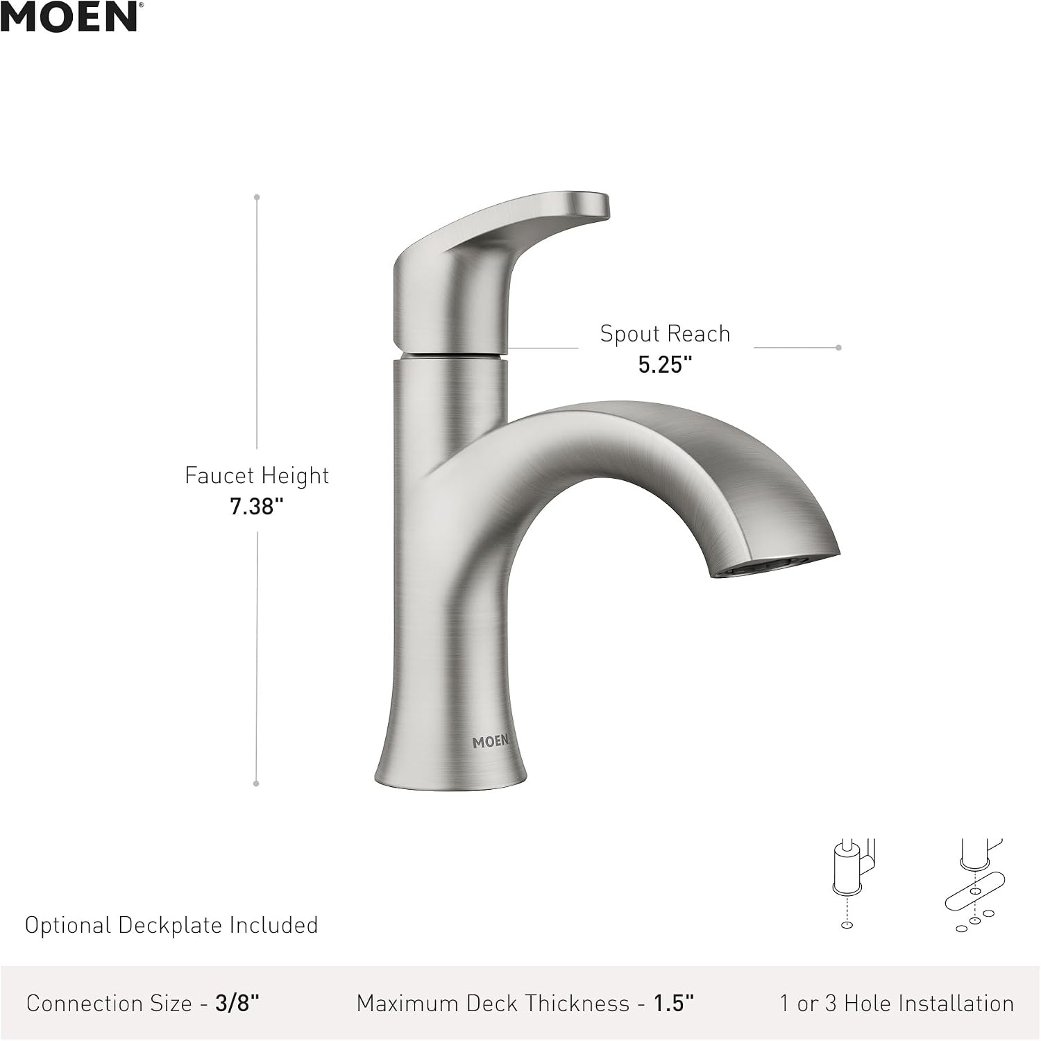 image:imageMoen Karis Spot Resist Brushed Nickel OneHandle Single Hole Bathroom Sink Faucet with Optional Deck Plate 84346SRNChrome