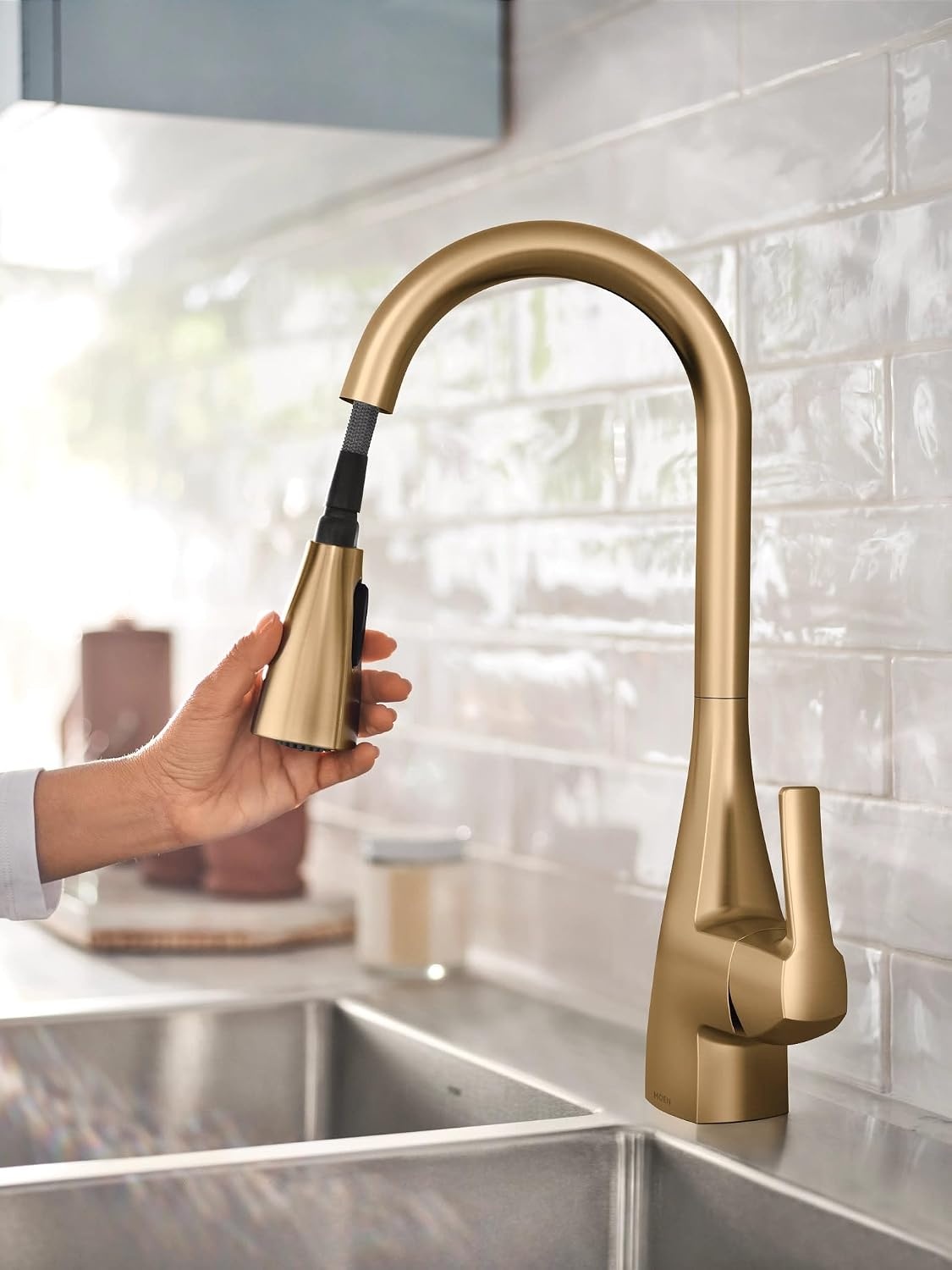 image:imageMoen Kiran Bronzed Gold OneHandle High Arc Pulldown Kitchen Faucet with Power Clean 87599BZGBronzed Gold
