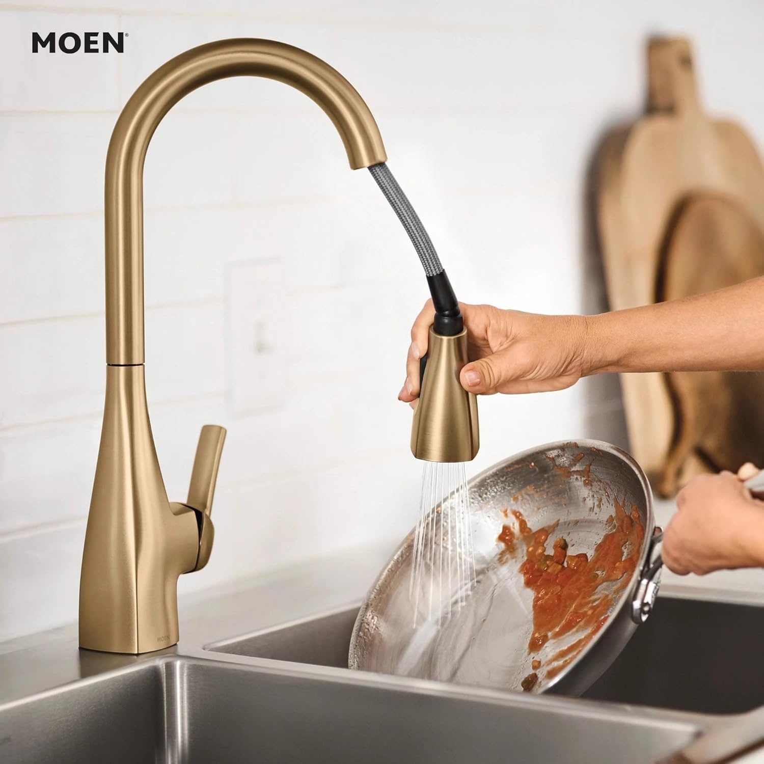 image:imageMoen Kiran Bronzed Gold OneHandle High Arc Pulldown Kitchen Faucet with Power Clean 87599BZGBronzed Gold
