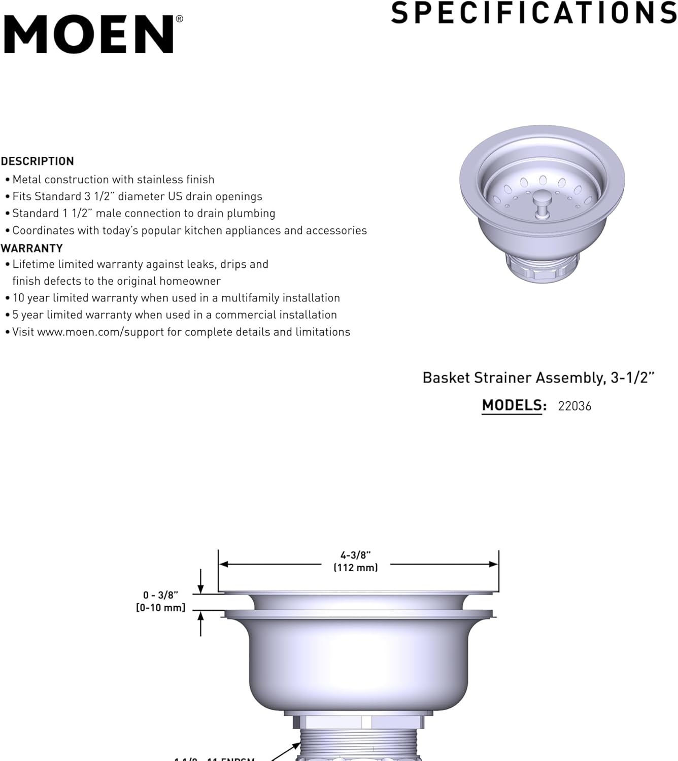 image:imageMoen Kitchen Sink Strainer Basket with Drain Assembly Stainless Steel 22036Stainless