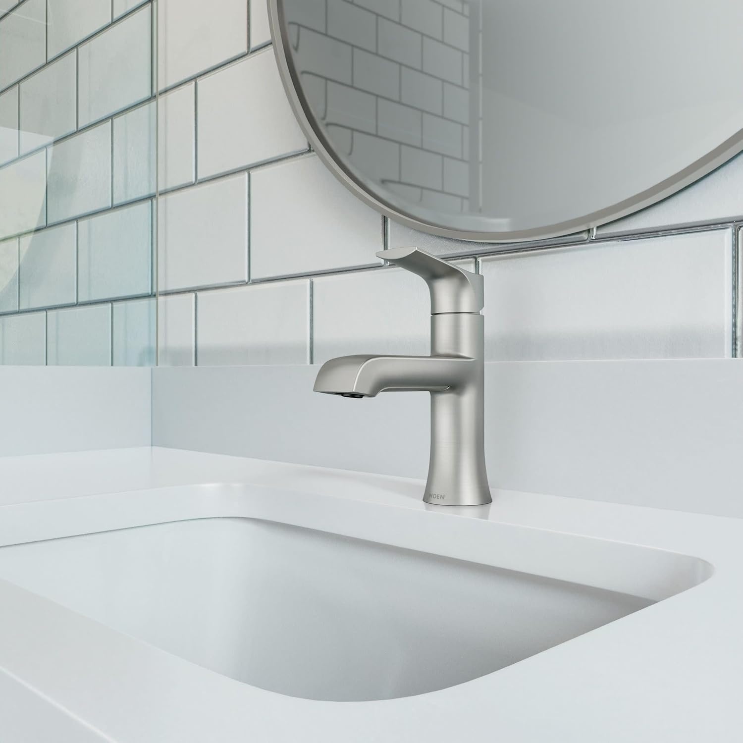 image:imageMoen LISO Spot Resist Brushed Nickel OneHandle Bathroom Faucet One Hole Bathroom Sink Faucet with Optional Deck Plate and Push Down Drain 84540SRN