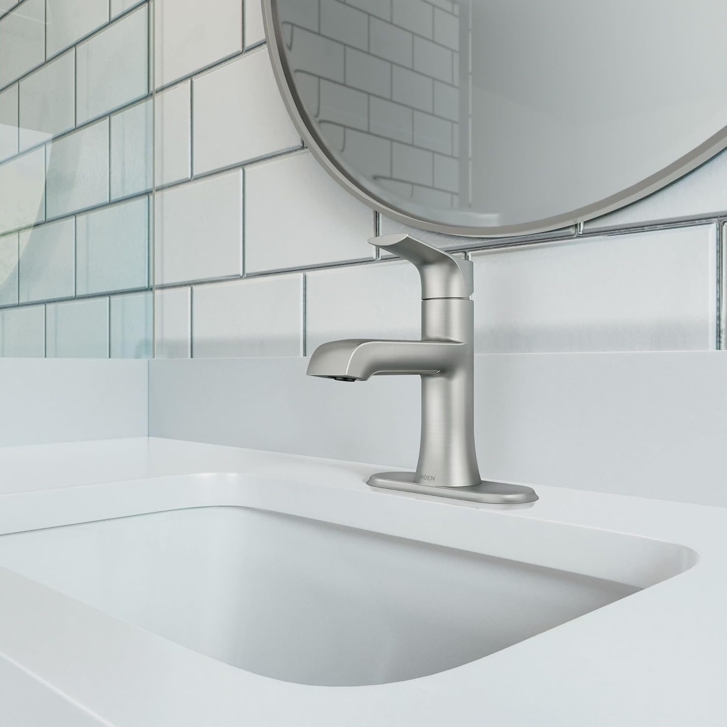 image:imageMoen LISO Spot Resist Brushed Nickel OneHandle Bathroom Faucet One Hole Bathroom Sink Faucet with Optional Deck Plate and Push Down Drain 84540SRN