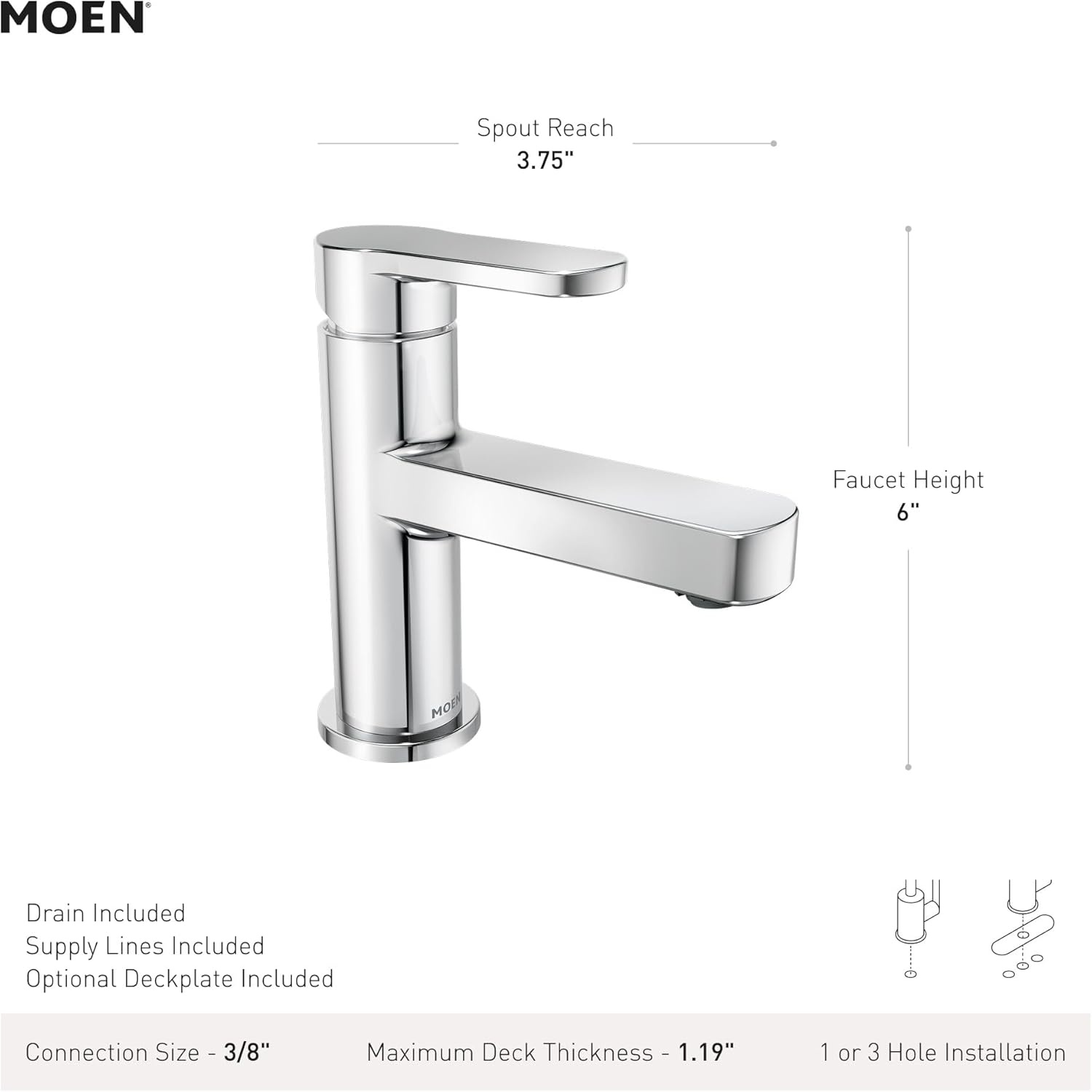 image:imageMoen Laris Chrome OneHandle Single Hole Modern Bathroom Sink Faucet with Optional Deckplate and Spring Loaded Drain Assembly 84014Spot Resist Nickel