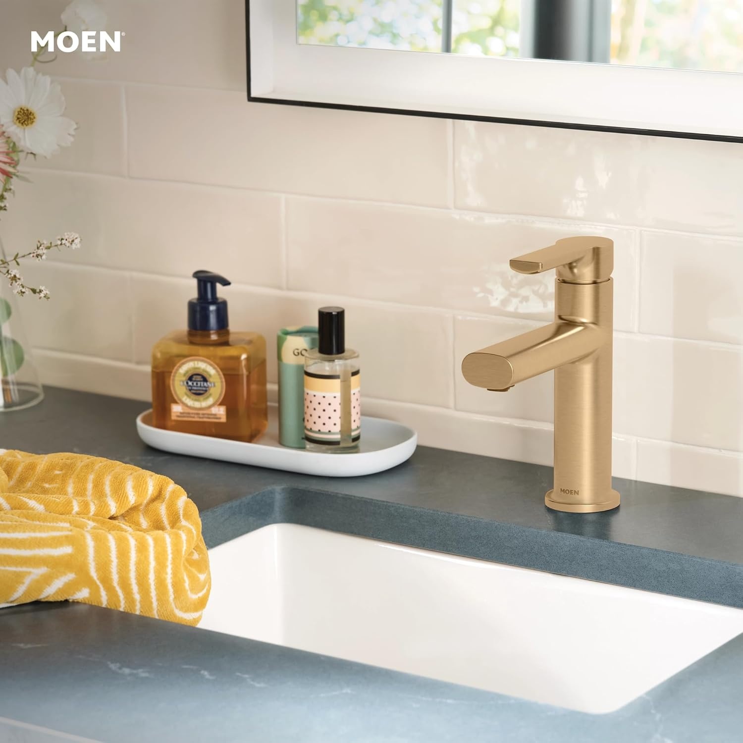 image:imageMoen Meena Bronzed Gold OneHandle Single Hole Modern Bathroom Sink Faucet with Optional Deckplate and Drain Assembly 84794BZGBronzed Gold
