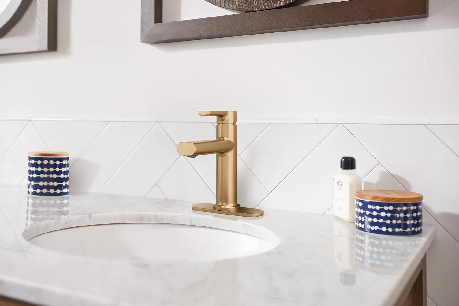 image:imageMoen Meena Bronzed Gold OneHandle Single Hole Modern Bathroom Sink Faucet with Optional Deckplate and Drain Assembly 84794BZGBronzed Gold