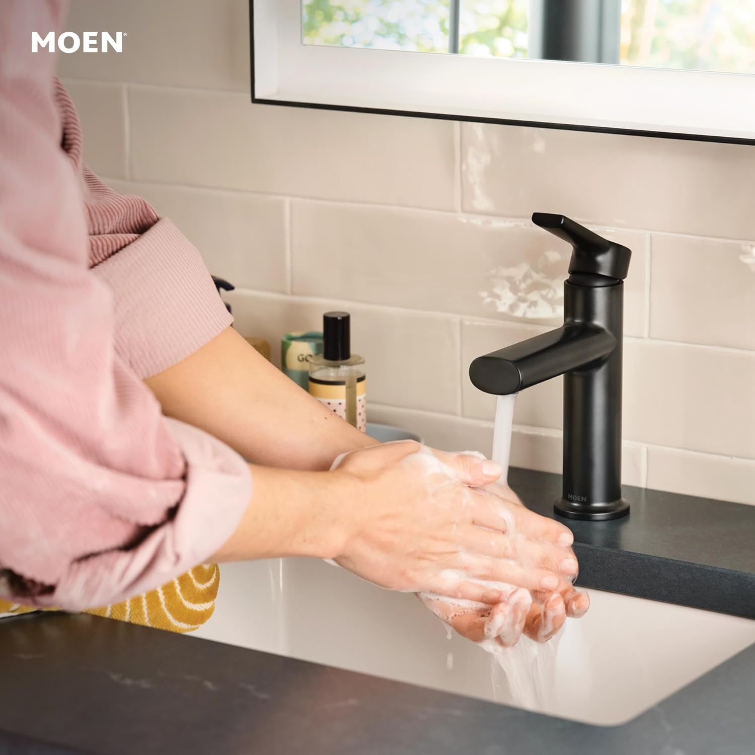 image:imageMoen Meena Bronzed Gold OneHandle Single Hole Modern Bathroom Sink Faucet with Optional Deckplate and Drain Assembly 84794BZGMatte Black