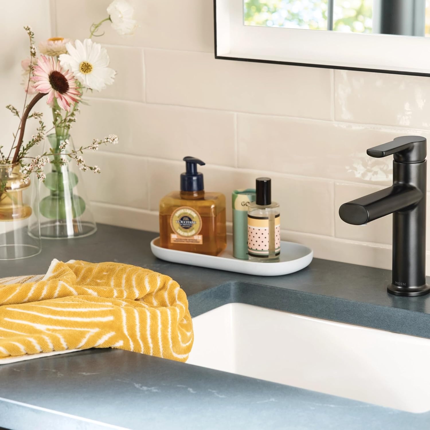 image:imageMoen Meena Bronzed Gold OneHandle Single Hole Modern Bathroom Sink Faucet with Optional Deckplate and Drain Assembly 84794BZGMatte Black