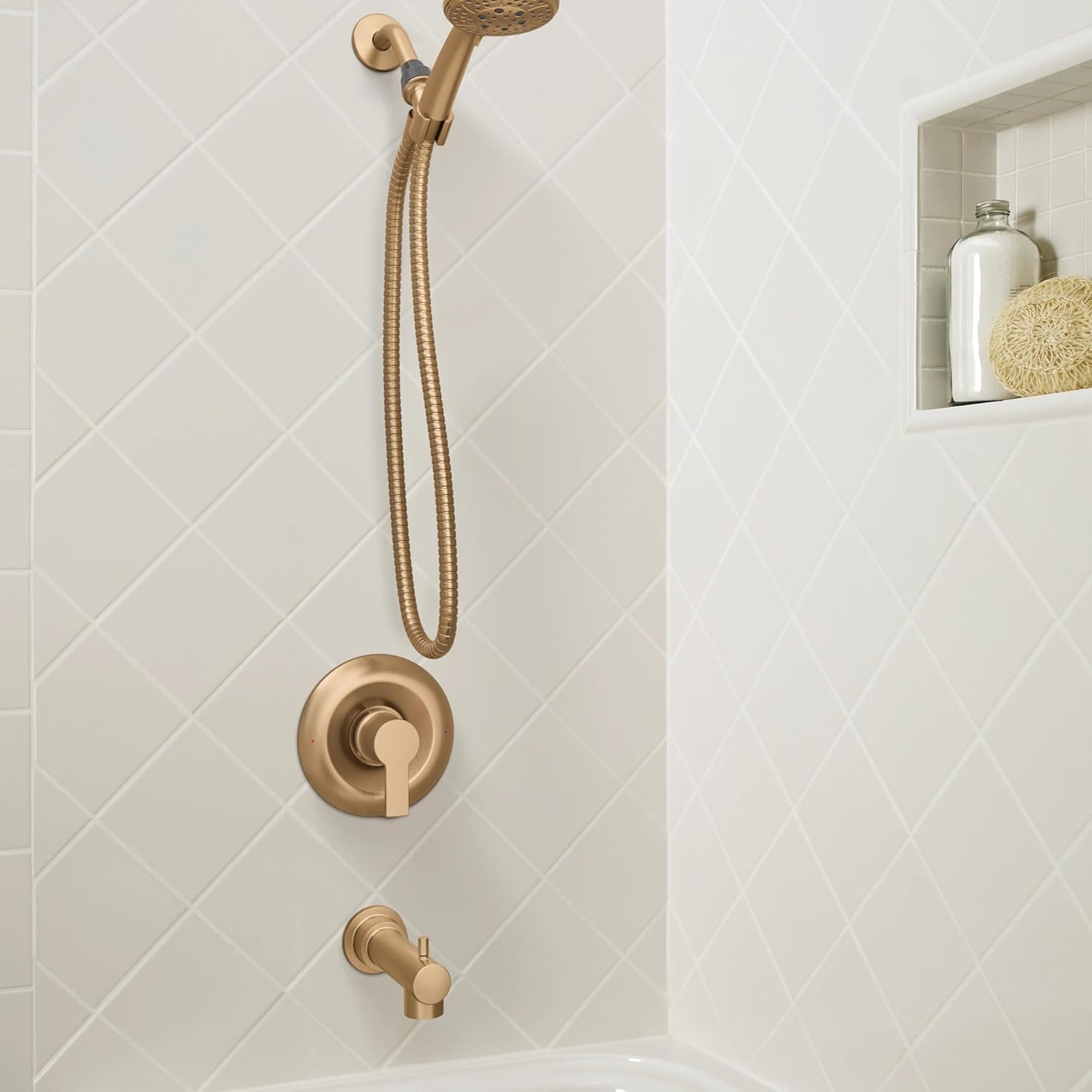 image:imageMoen Meena Matte Black Single Handle Modern Shower Faucet Set with Handshower and Tub Spout for Bathtub Valve Included 82618BLBronzed Gold