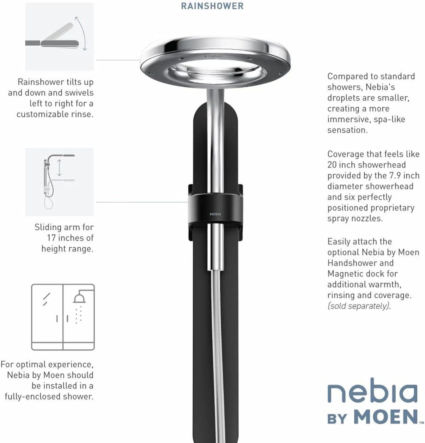 image:imageMoen N214R0CH Spa Shower Rainshower ChromeWhiteMatte BlackChrome