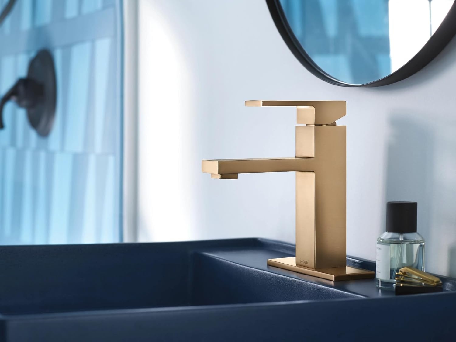 image:imageMoen Revyl Matte Black OneHandle Single Hole Modern Bathroom Sink Faucet with Optional Deckplate and Spring Loaded Drain Assembly 84771BLBronzed Gold