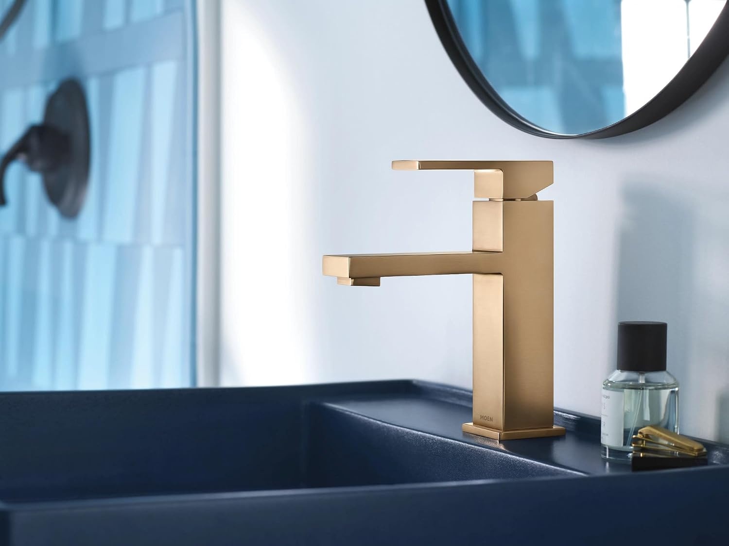image:imageMoen Revyl Matte Black OneHandle Single Hole Modern Bathroom Sink Faucet with Optional Deckplate and Spring Loaded Drain Assembly 84771BLBronzed Gold