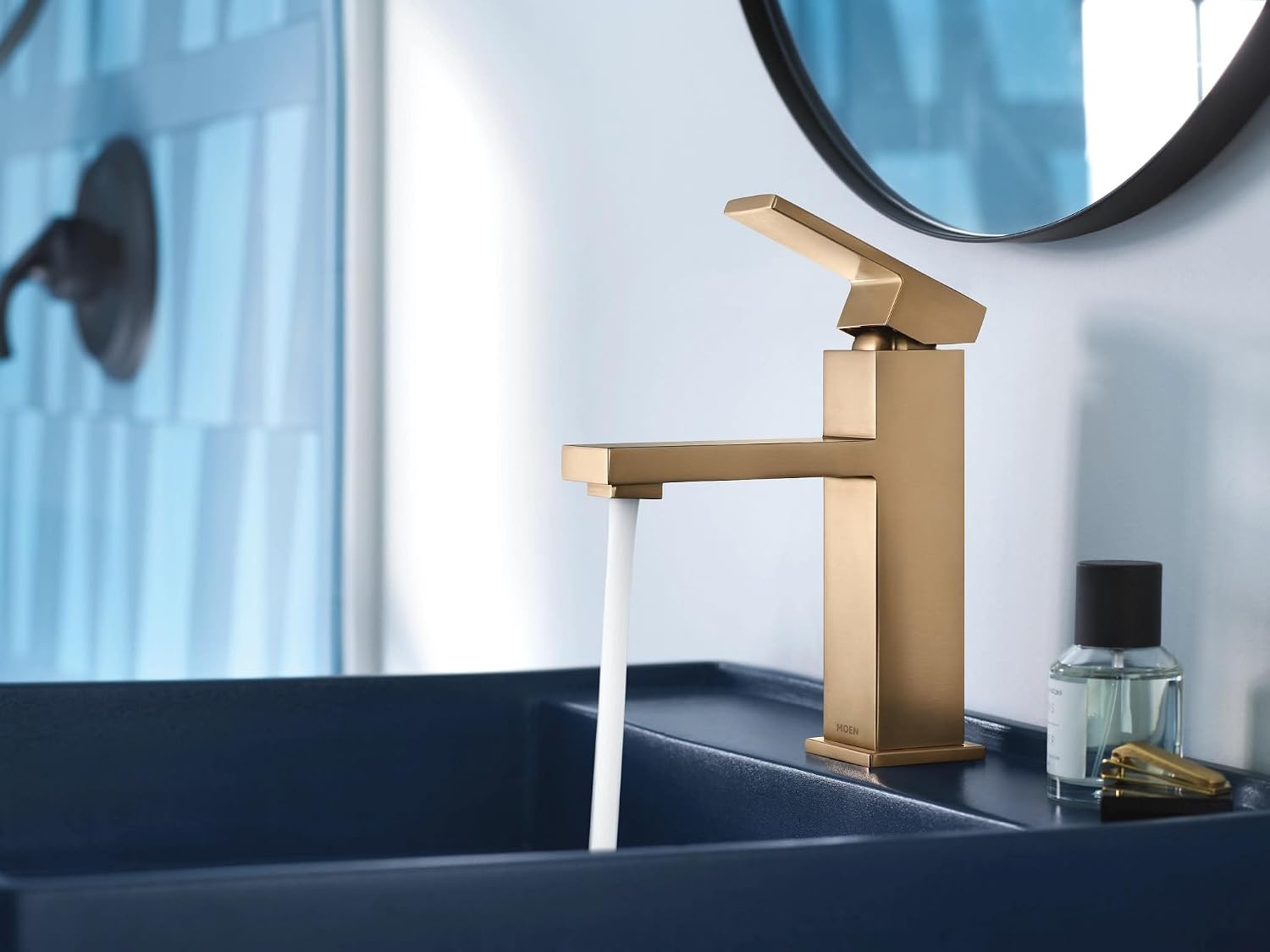 image:imageMoen Revyl Matte Black OneHandle Single Hole Modern Bathroom Sink Faucet with Optional Deckplate and Spring Loaded Drain Assembly 84771BLBronzed Gold