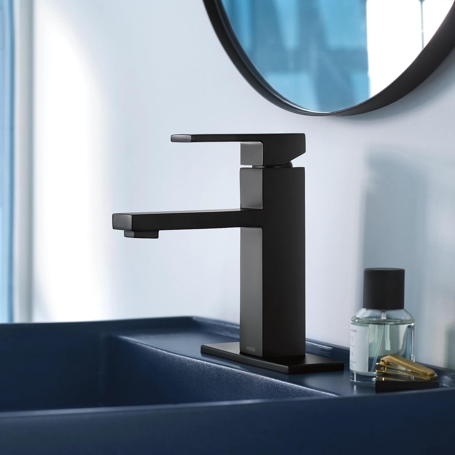image:imageMoen Revyl Matte Black OneHandle Single Hole Modern Bathroom Sink Faucet with Optional Deckplate and Spring Loaded Drain Assembly 84771BLMatte Black
