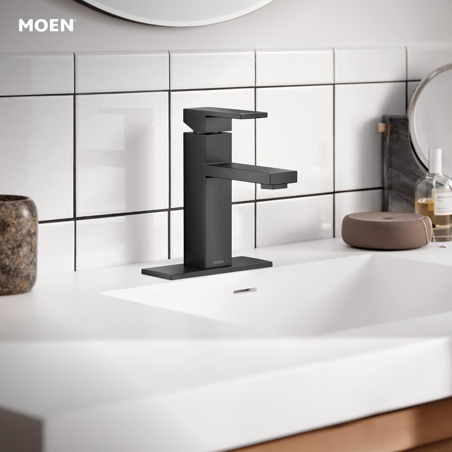 image:imageMoen Revyl Matte Black OneHandle Single Hole Modern Bathroom Sink Faucet with Optional Deckplate and Spring Loaded Drain Assembly 84771BLMatte Black