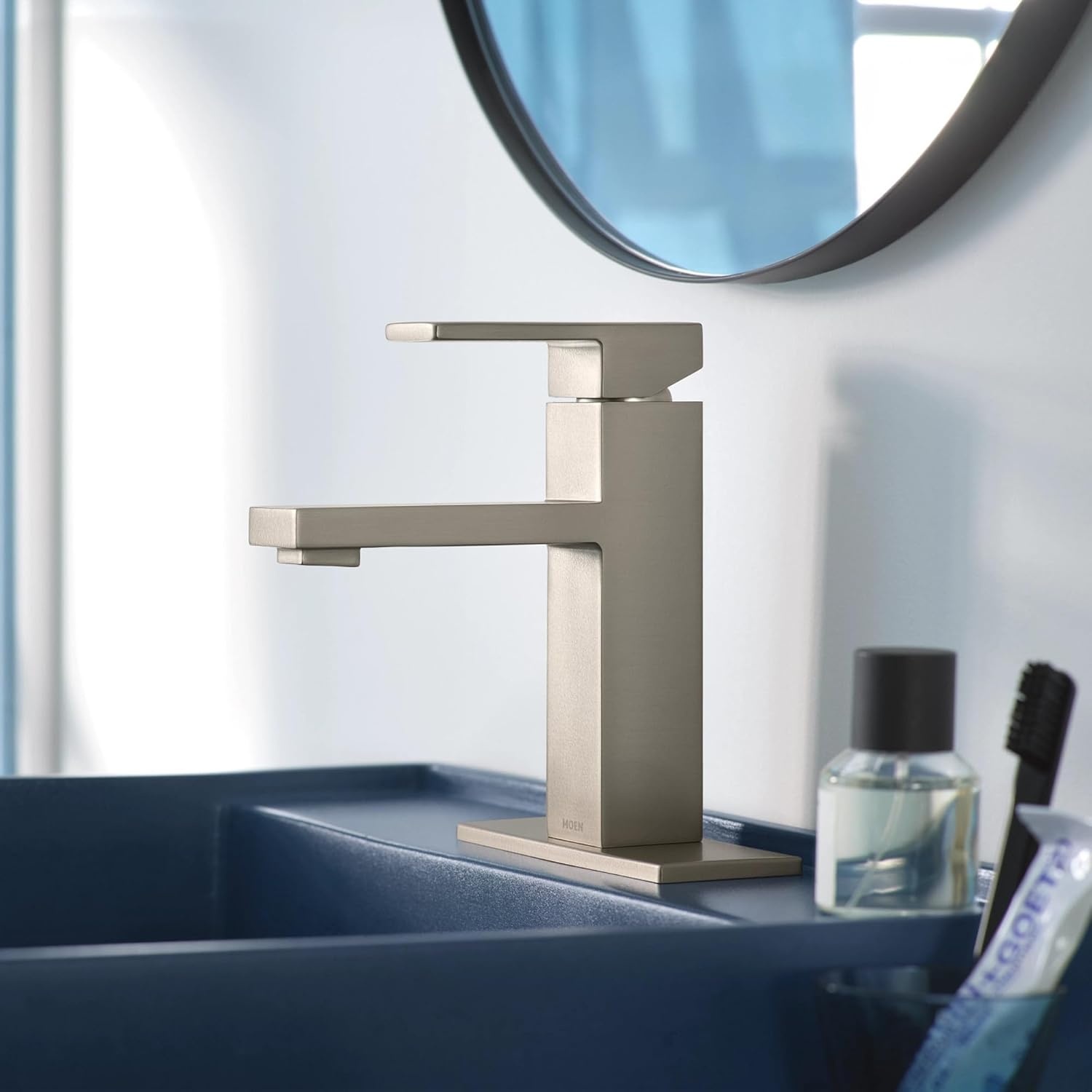 image:imageMoen Revyl Matte Black OneHandle Single Hole Modern Bathroom Sink Faucet with Optional Deckplate and Spring Loaded Drain Assembly 84771BLSpot Resist Nickel