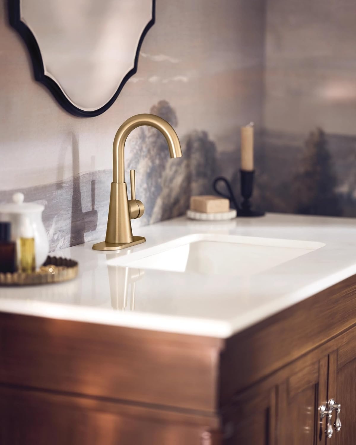 image:imageMoen Ronan OneHandle Bathroom Sink Faucet Bronzed Gold Single Hole Optional Deckplate SpringLoaded Drain Assembly 84021BZG