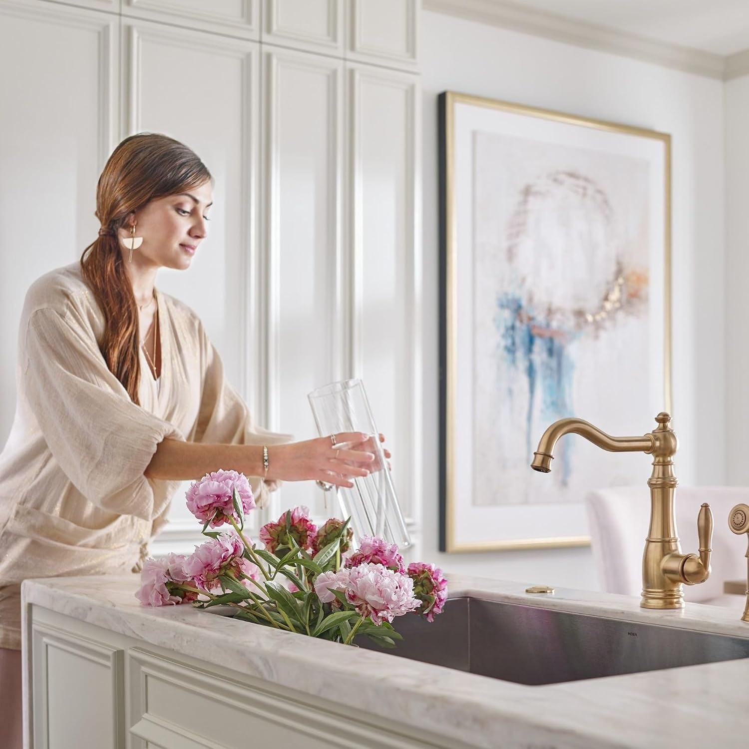 image:imageMoen S3945SRS Traditional Deck Mounted Kitchen Soap Dispenser with Above the Sink Refillable Bottle Spot Resist StainlessBrushed Gold