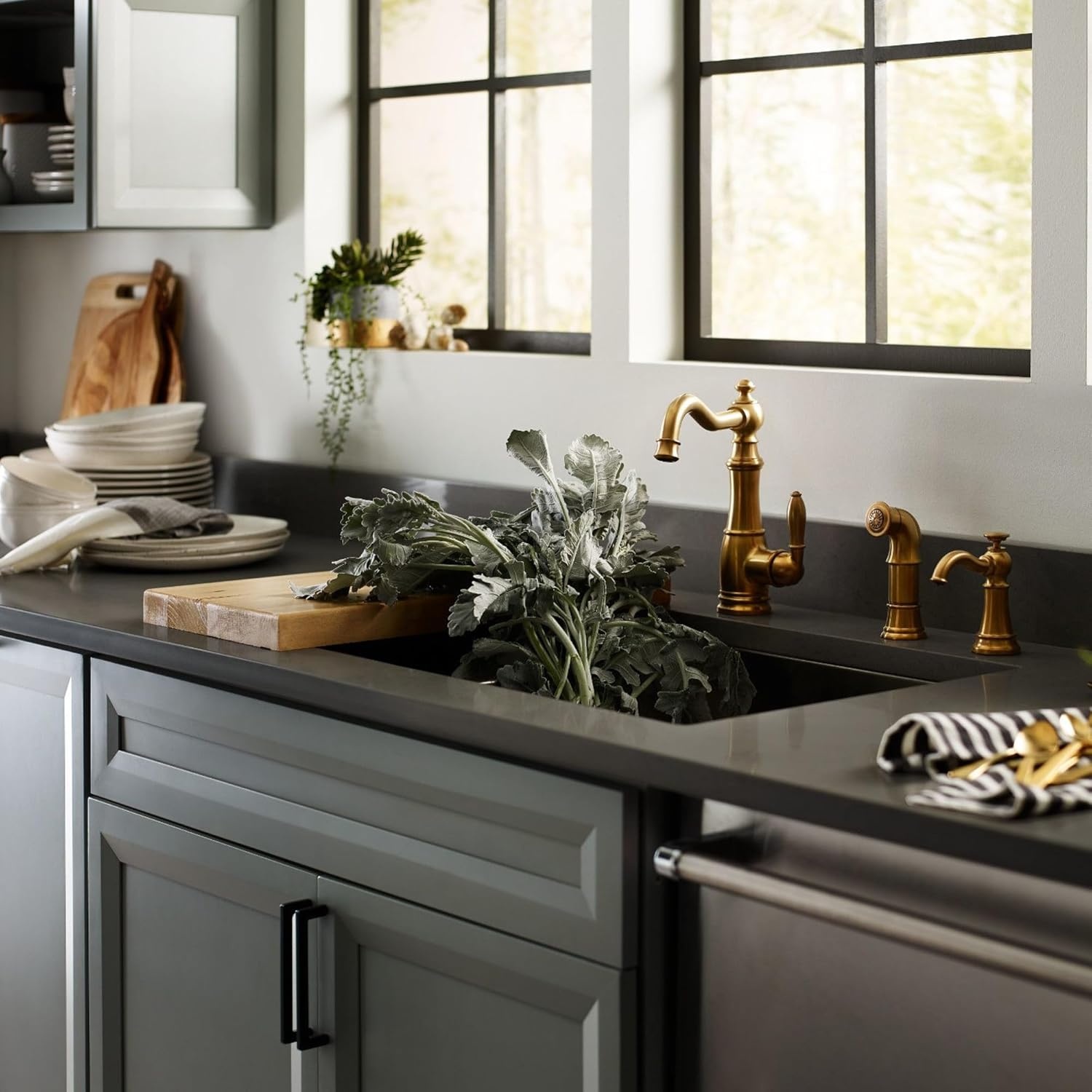 image:imageMoen S3945SRS Traditional Deck Mounted Kitchen Soap Dispenser with Above the Sink Refillable Bottle Spot Resist StainlessBrushed Gold