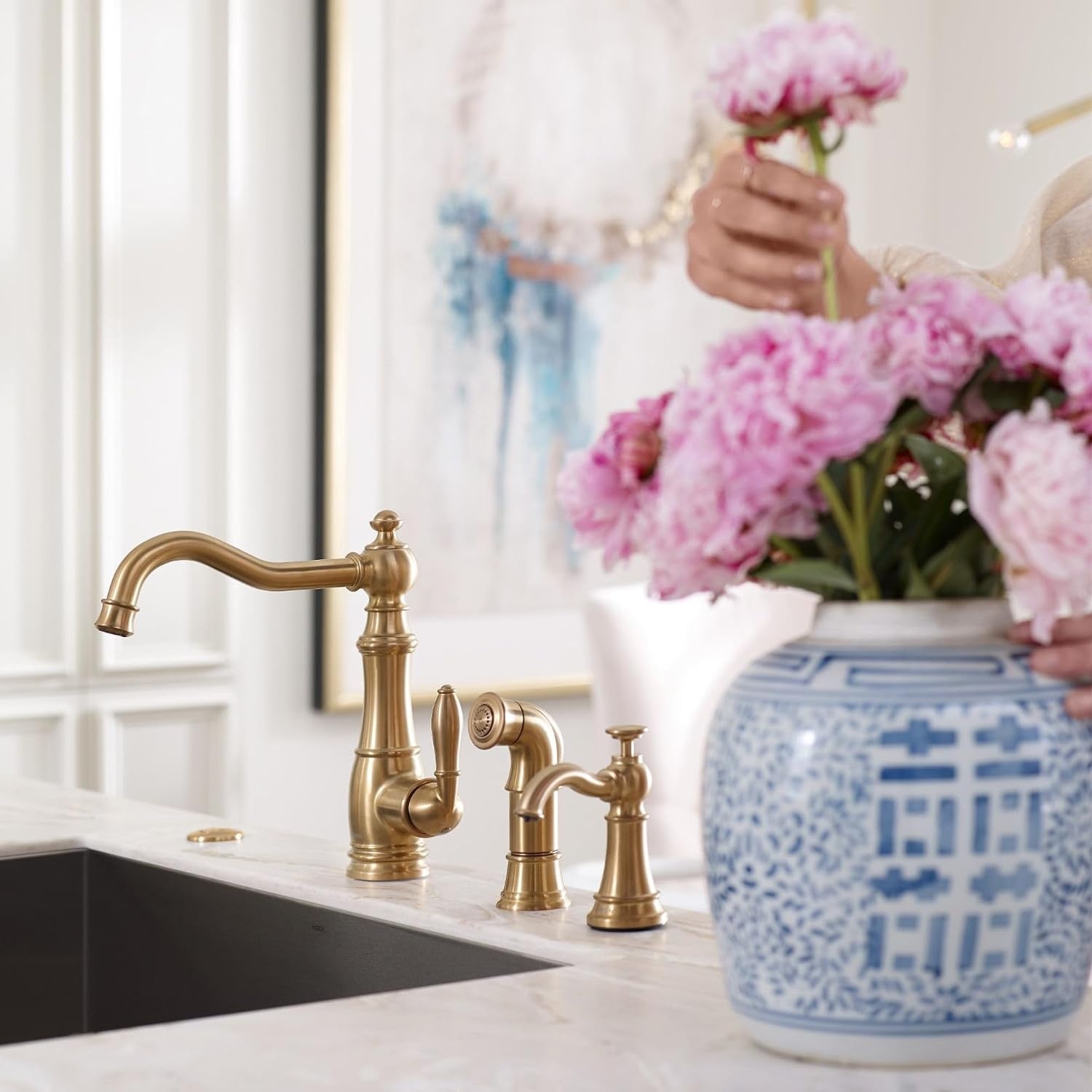 image:imageMoen S3945SRS Traditional Deck Mounted Kitchen Soap Dispenser with Above the Sink Refillable Bottle Spot Resist StainlessBrushed Gold