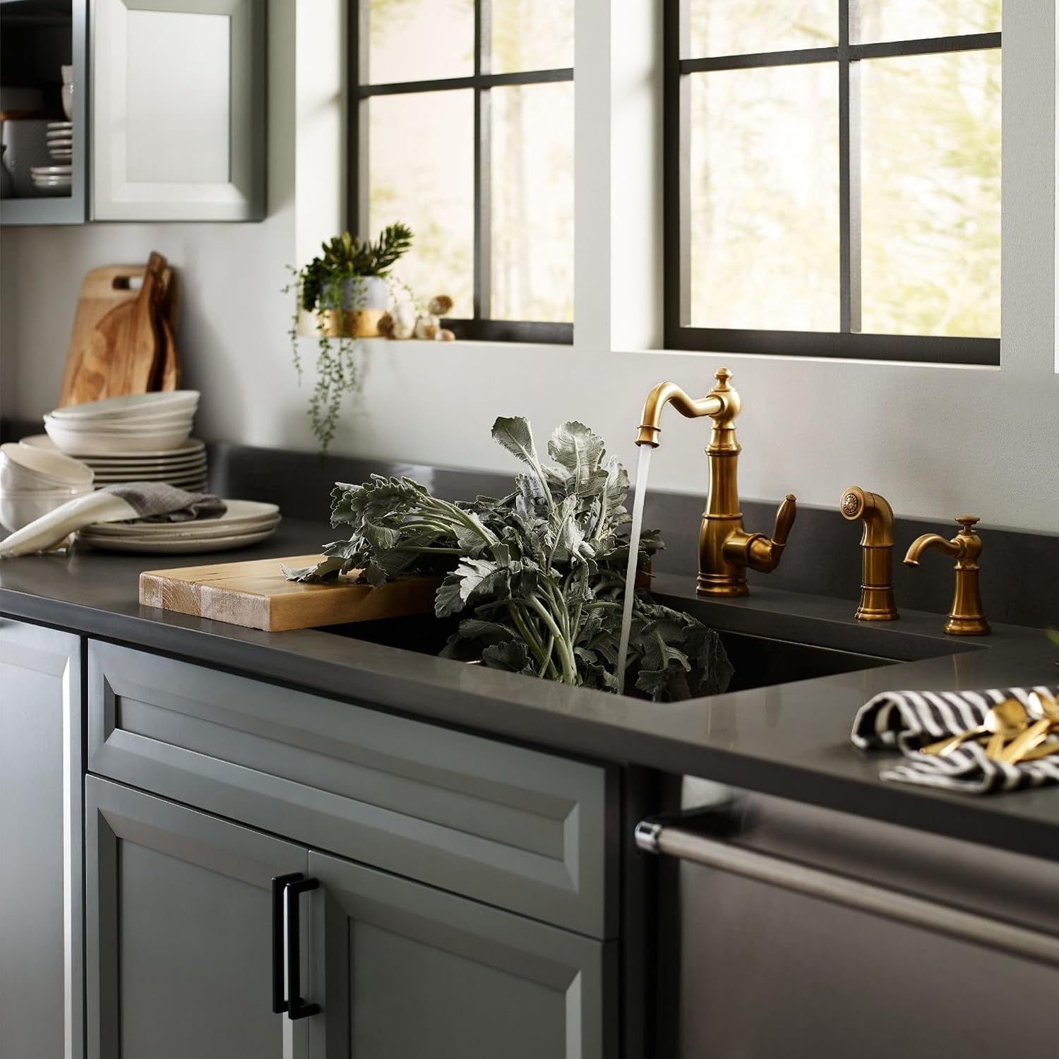 image:imageMoen S3945SRS Traditional Deck Mounted Kitchen Soap Dispenser with Above the Sink Refillable Bottle Spot Resist StainlessBrushed Gold