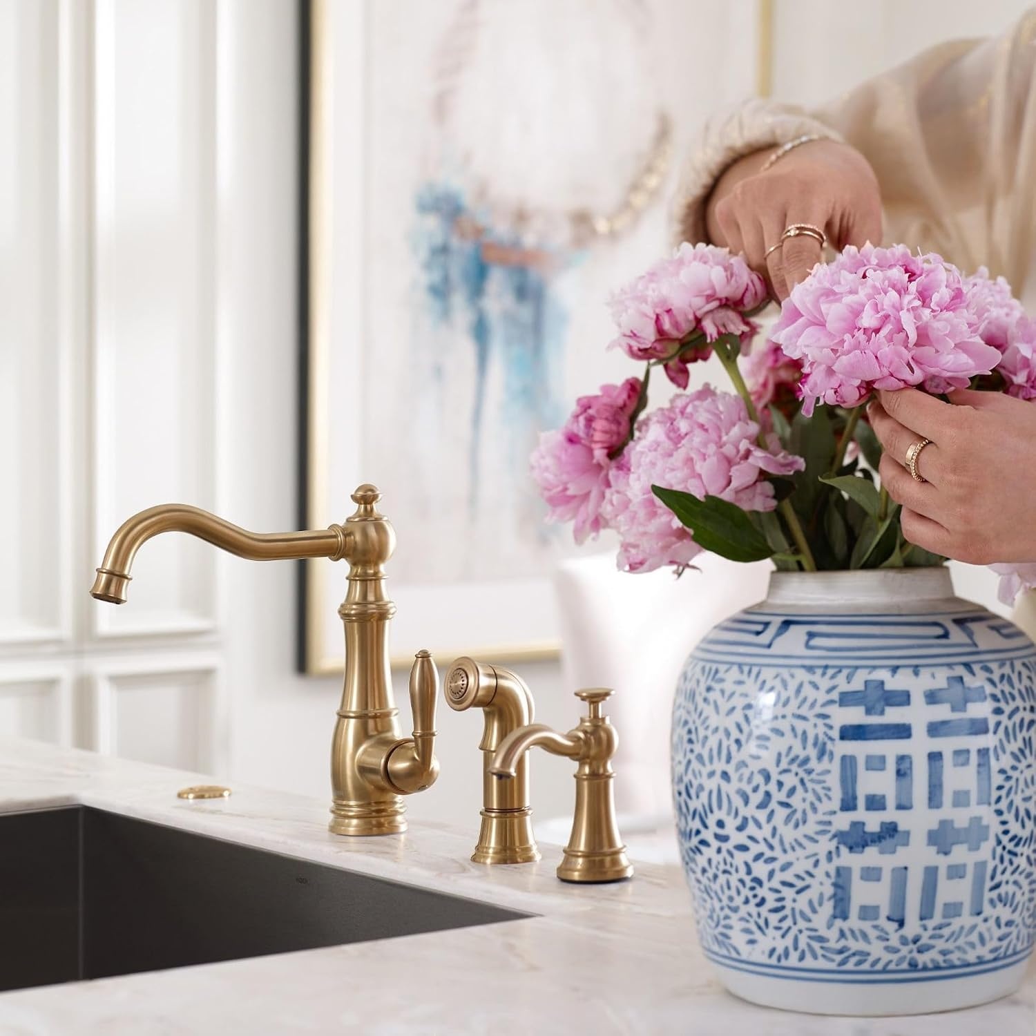 image:imageMoen S3945SRS Traditional Deck Mounted Kitchen Soap Dispenser with Above the Sink Refillable Bottle Spot Resist StainlessBrushed Gold