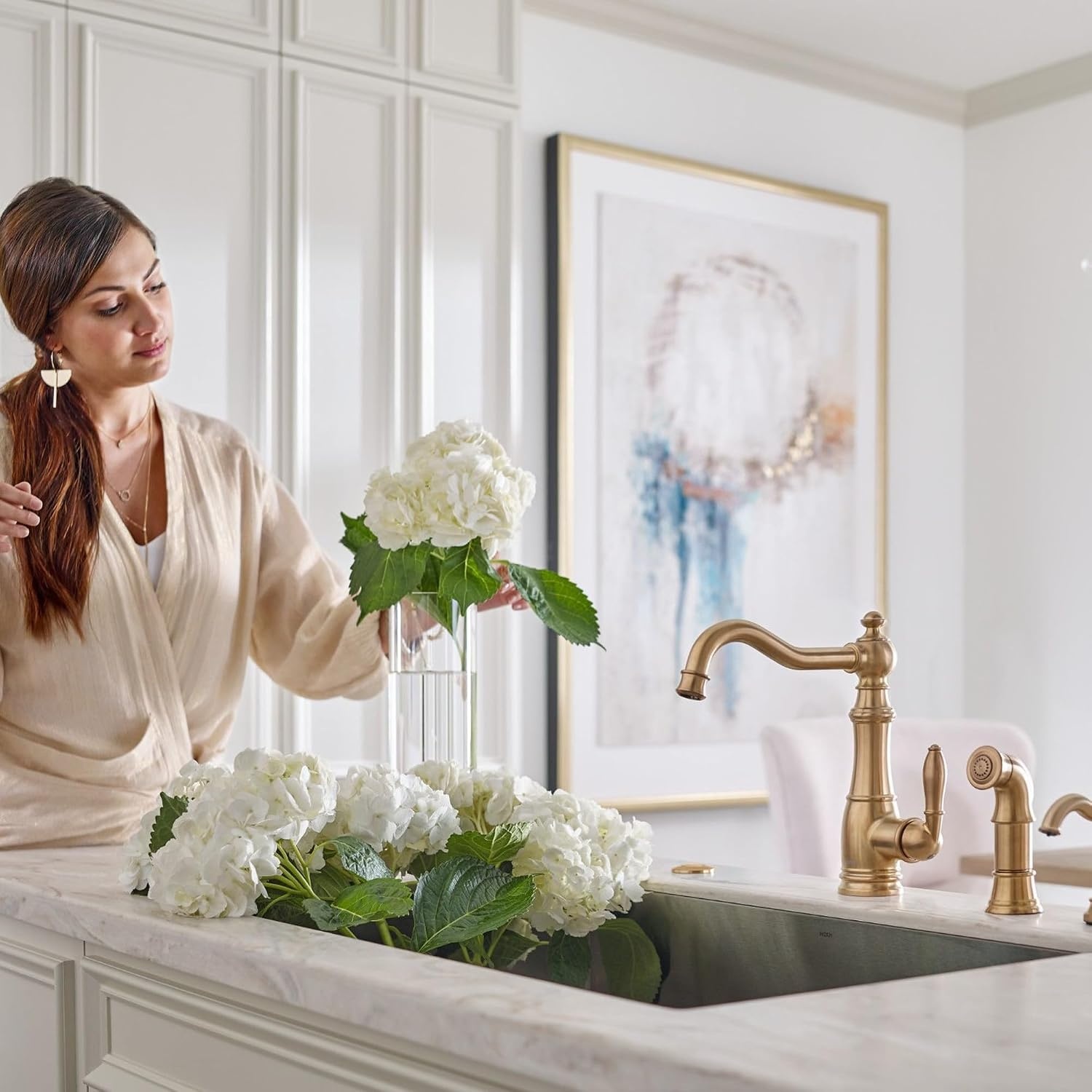 image:imageMoen S3945SRS Traditional Deck Mounted Kitchen Soap Dispenser with Above the Sink Refillable Bottle Spot Resist StainlessBrushed Gold